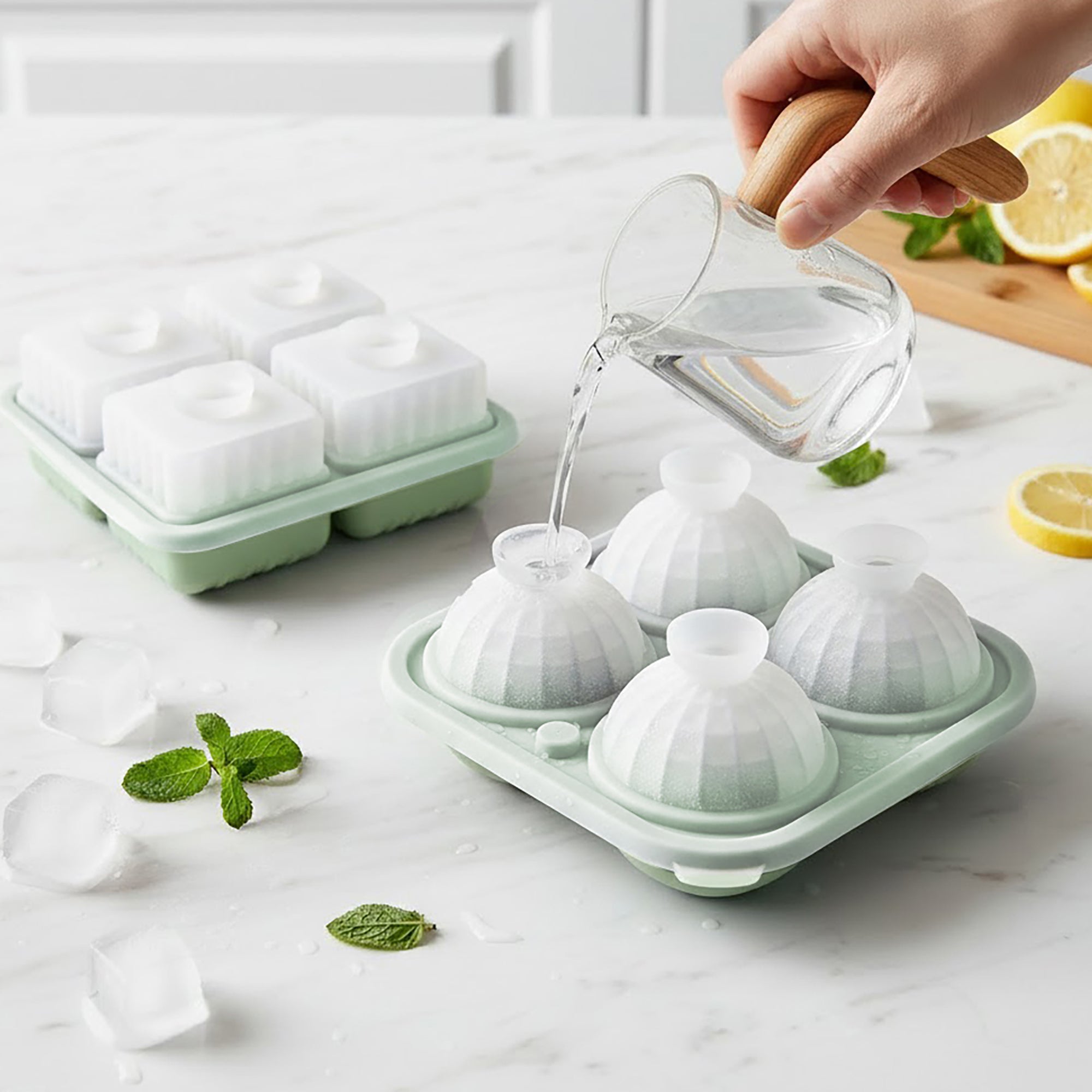 Anna-Kaci 2-Piece Ice Cube Tray Set Round and Square Large Mold with Easy Release Flexible Silicone Design