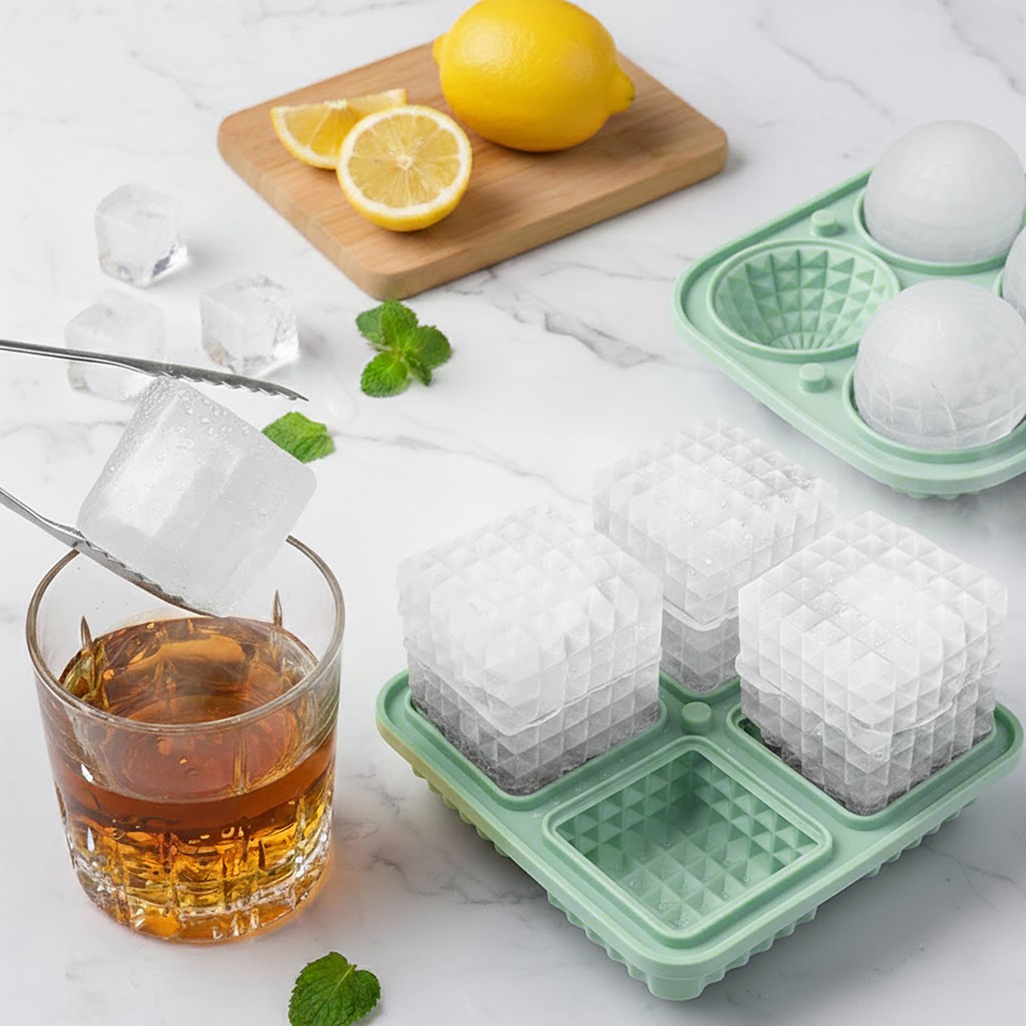 Anna-Kaci 2-Piece Ice Cube Tray Set Round and Square Large Mold with Easy Release Flexible Silicone Design