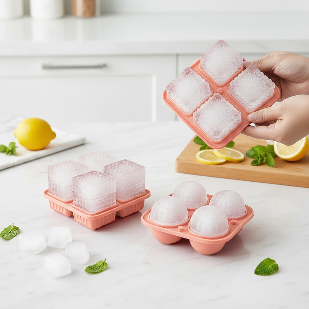 Anna-Kaci 2-Piece Ice Cube Tray Set Round and Square Large Mold with Easy Release Flexible Silicone Design