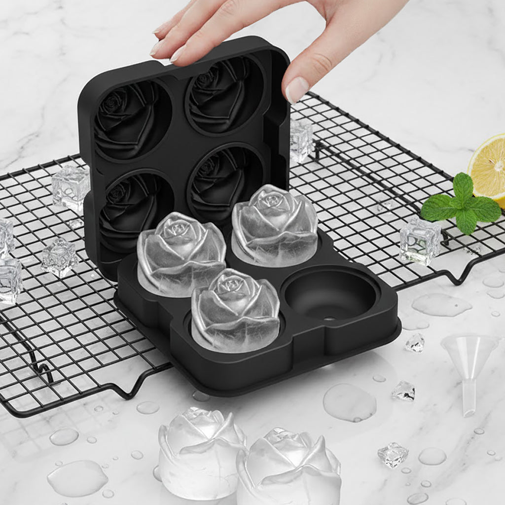 Anna-Kaci 2-Pack Rose Silicone Ice Mold 4-Cavity Large Flower Ice Cube Tray with Lid