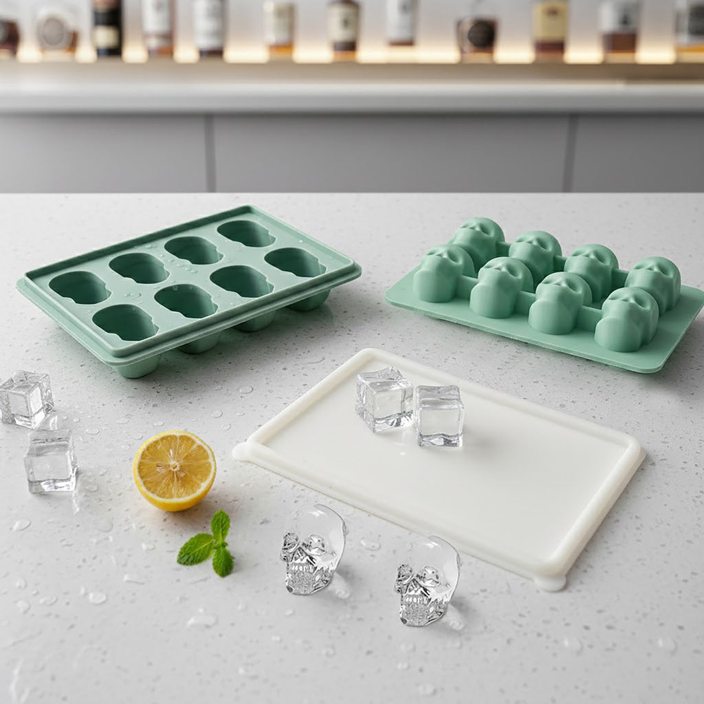 Anna-Kaci 2-Pack Skull Silicone Ice Cube Tray 8-Cavity Flexible Nonstick Halloween Drink Mold