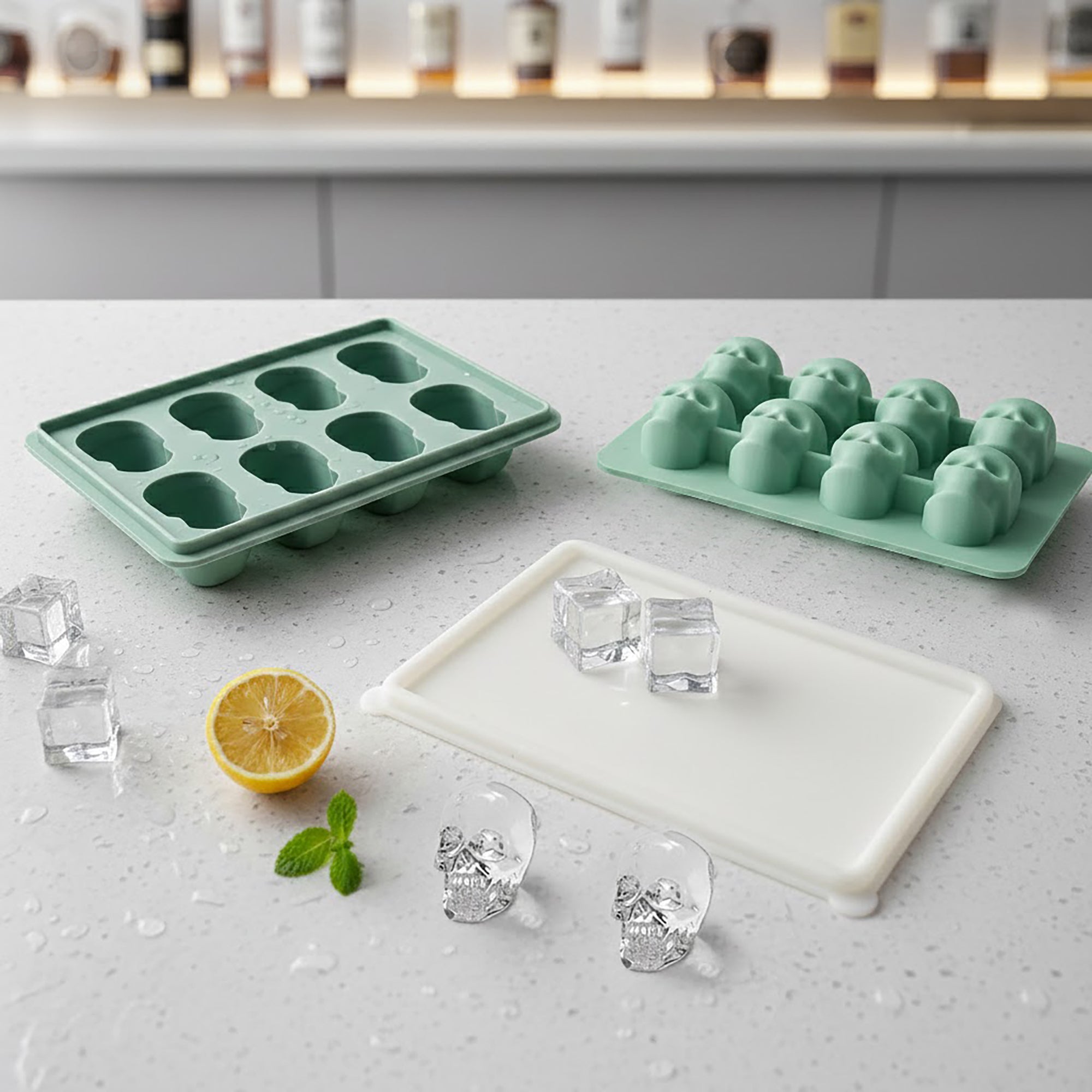 Anna-Kaci 2-Pack Skull Silicone Ice Cube Tray 8-Cavity Flexible Nonstick Halloween Drink Mold