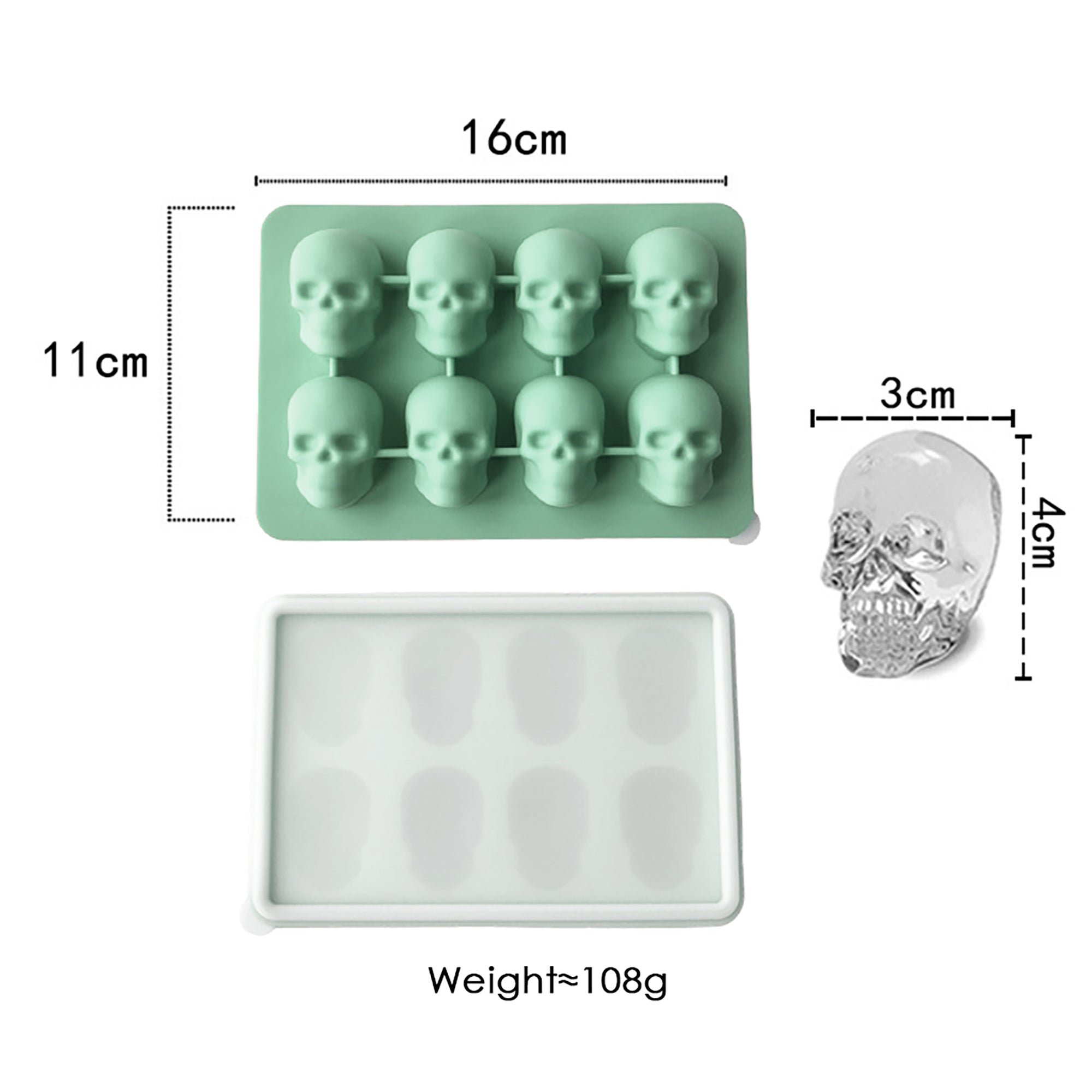 Anna-Kaci 2-Pack Skull Silicone Ice Cube Tray 8-Cavity Flexible Nonstick Halloween Drink Mold