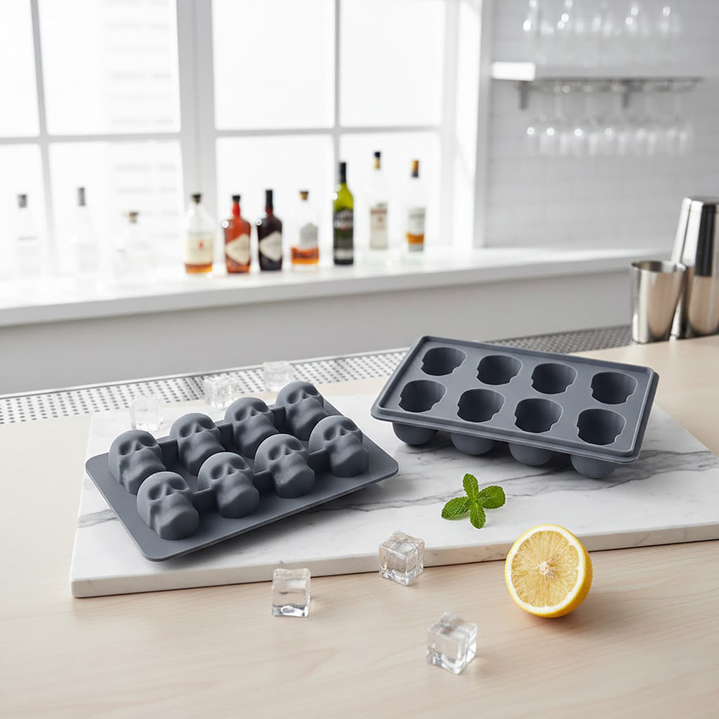Anna-Kaci 2-Pack Skull Silicone Ice Cube Tray 8-Cavity Flexible Nonstick Halloween Drink Mold