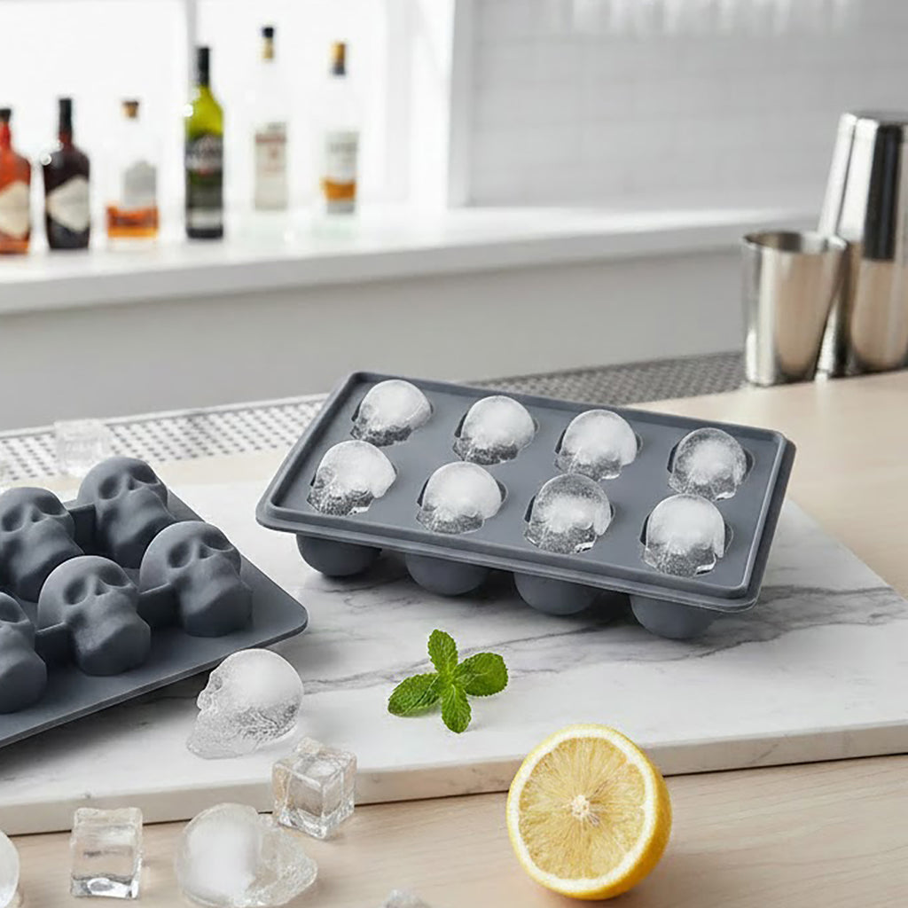 Anna-Kaci 2-Pack Skull Silicone Ice Cube Tray 8-Cavity Flexible Nonstick Halloween Drink Mold