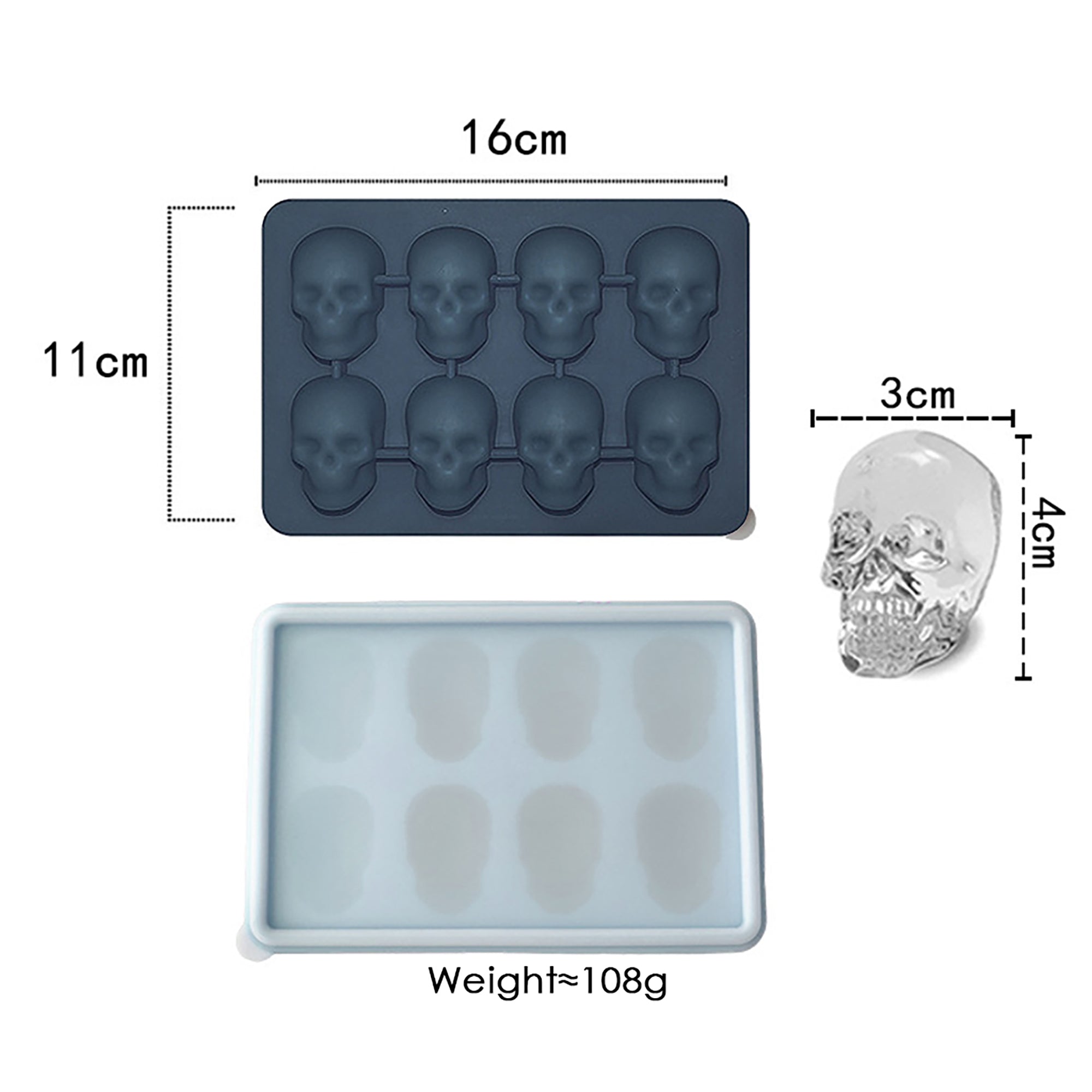 Anna-Kaci 2-Pack Skull Silicone Ice Cube Tray 8-Cavity Flexible Nonstick Halloween Drink Mold