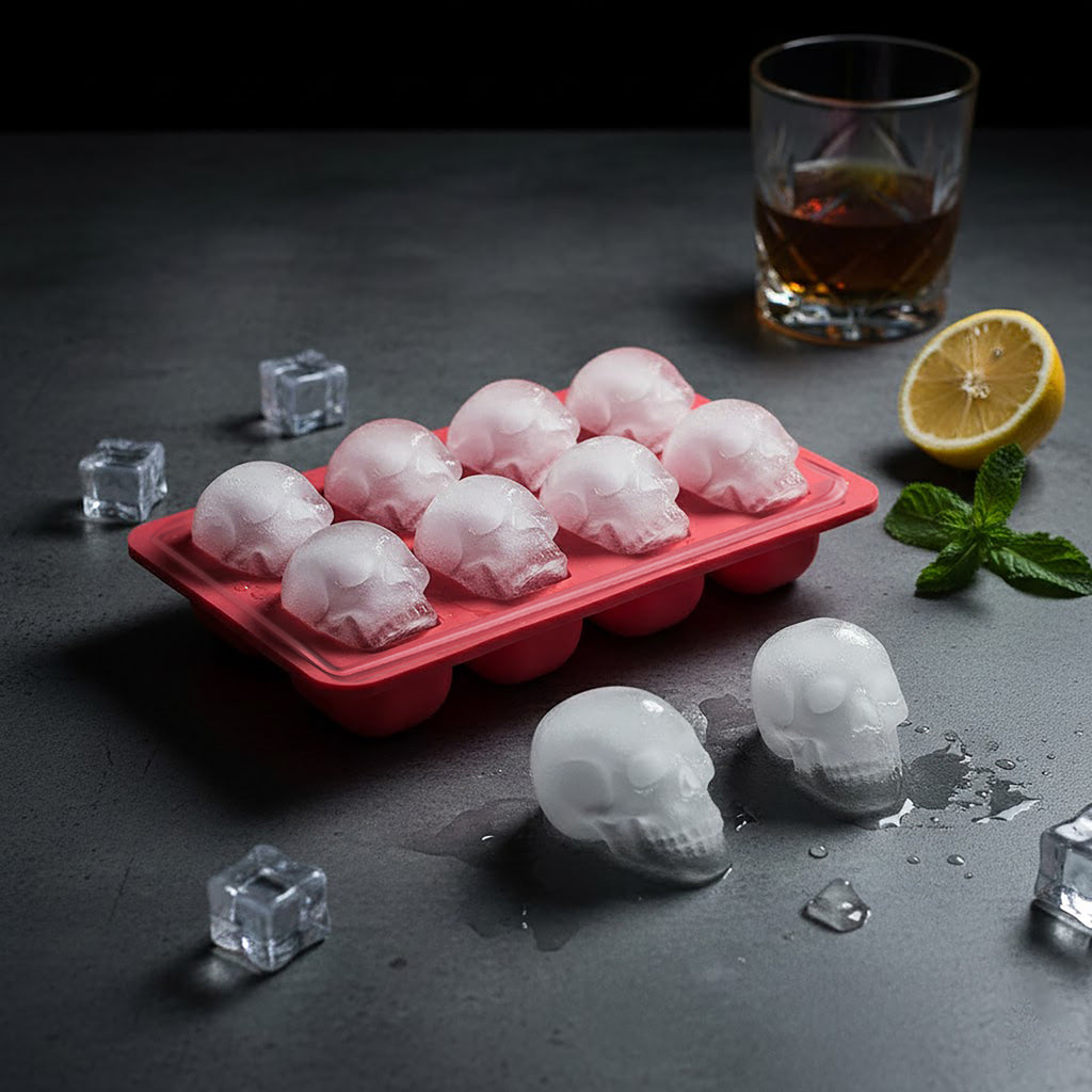 Anna-Kaci 2-Pack Skull Silicone Ice Cube Tray 8-Cavity Flexible Nonstick Halloween Drink Mold