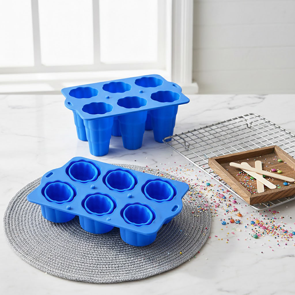 Anna-Kaci 6-Cavity Silicone Popsicle Mold with Reusable Lid Flexible Nonstick Frozen Treat Tray
