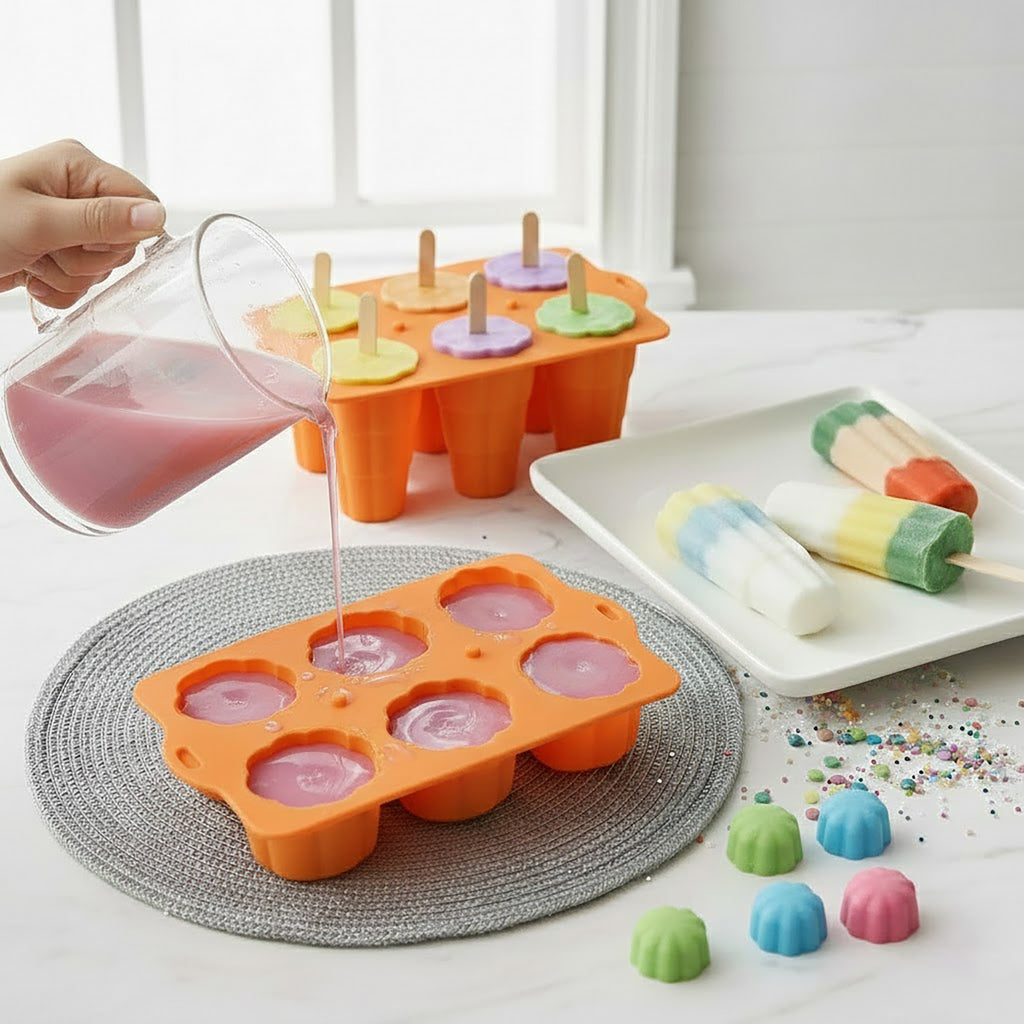 Anna-Kaci 6-Cavity Silicone Popsicle Mold with Reusable Lid Flexible Nonstick Frozen Treat Tray