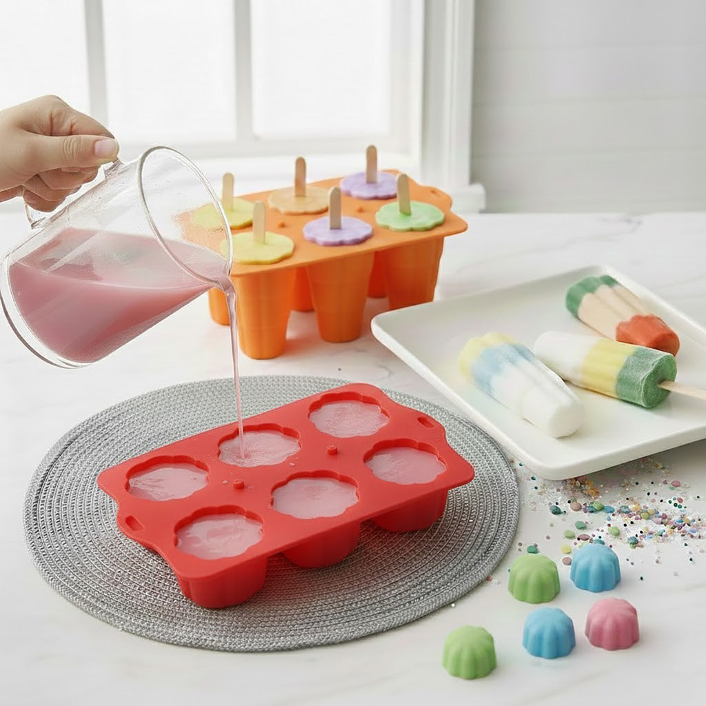 Anna-Kaci 6-Cavity Silicone Popsicle Mold with Reusable Lid Flexible Nonstick Frozen Treat Tray