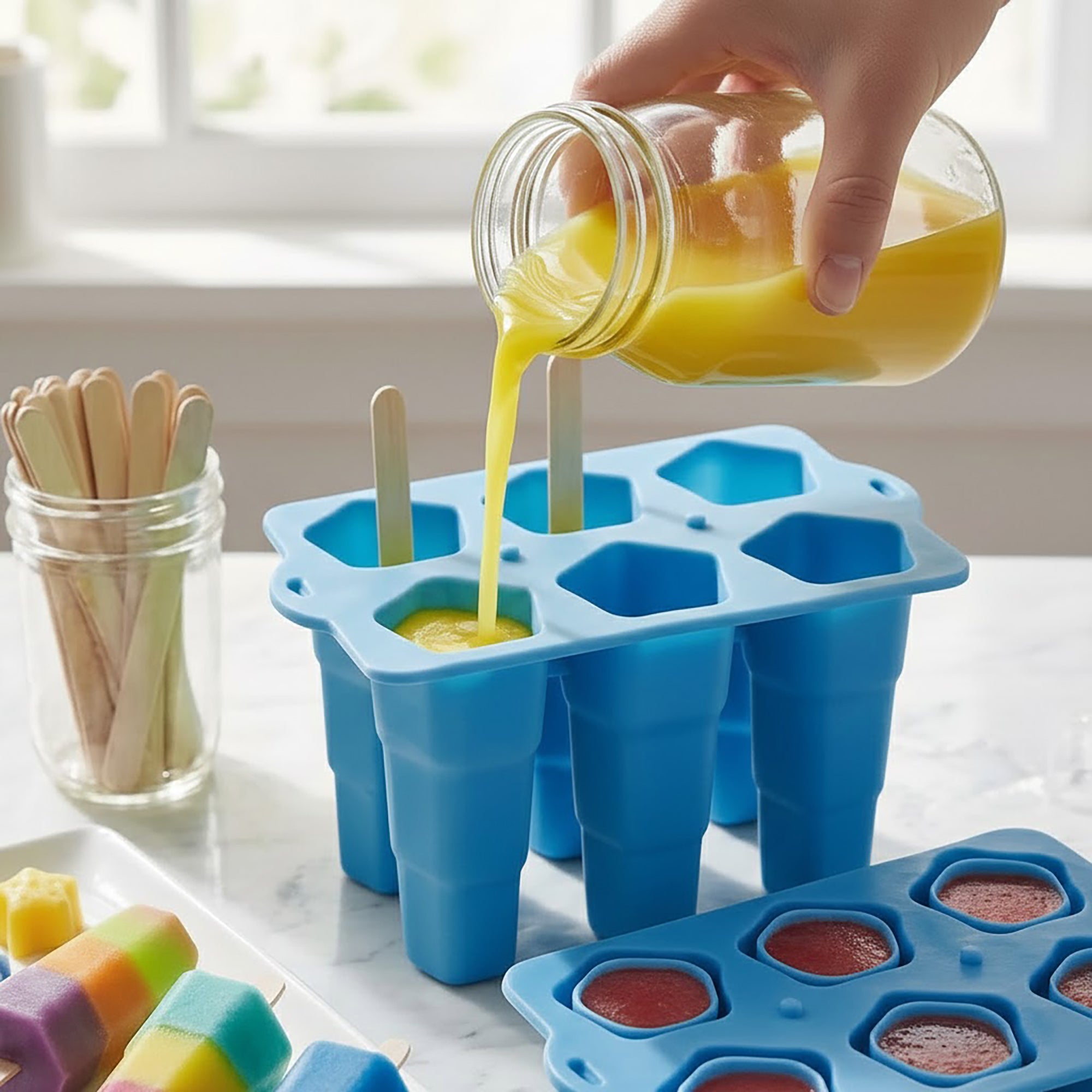 Anna-Kaci Silicone Popsicle Mold with Lid Reusable Ice Pop Maker Tray with 6 Cavities