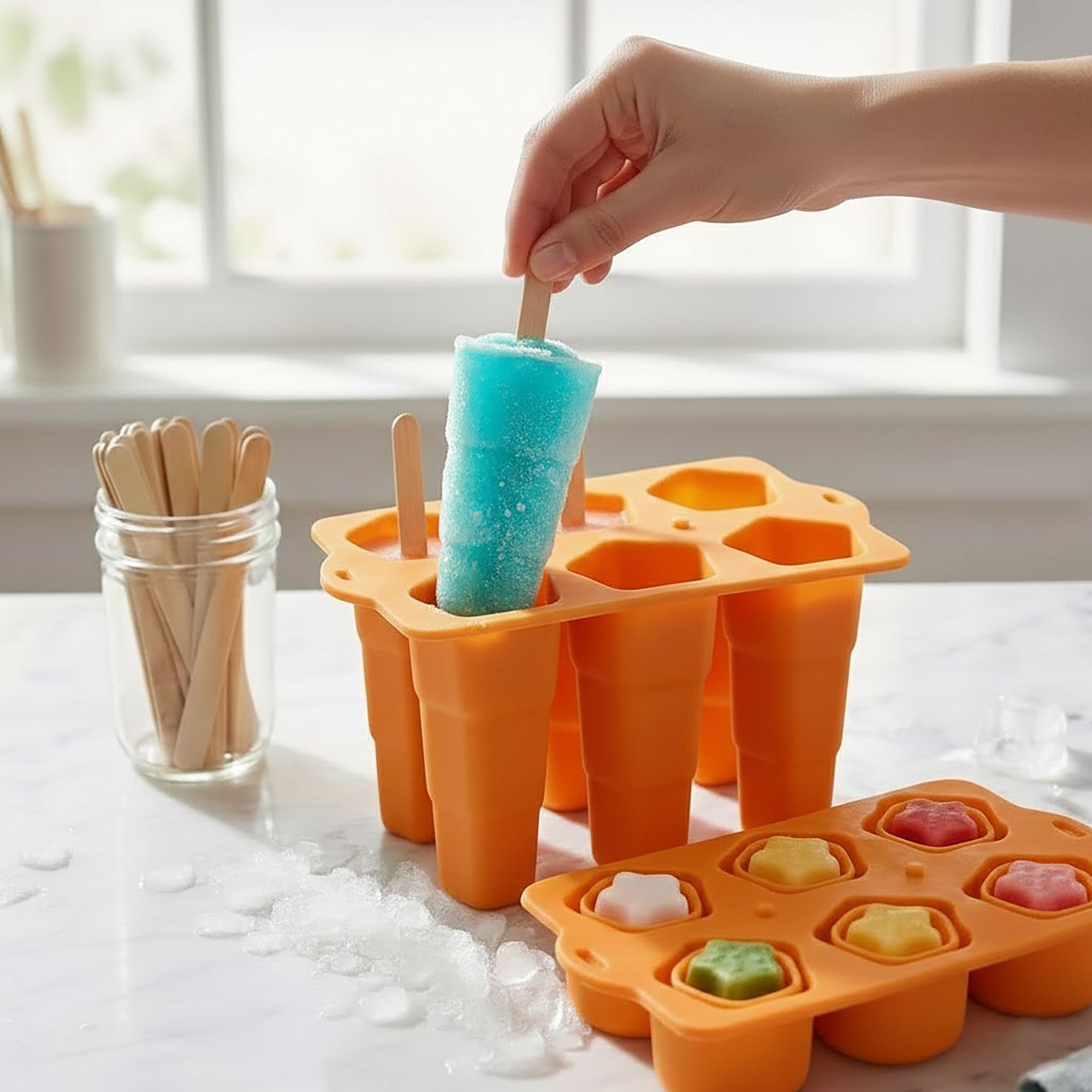 Anna-Kaci Silicone Popsicle Mold with Lid Reusable Ice Pop Maker Tray with 6 Cavities