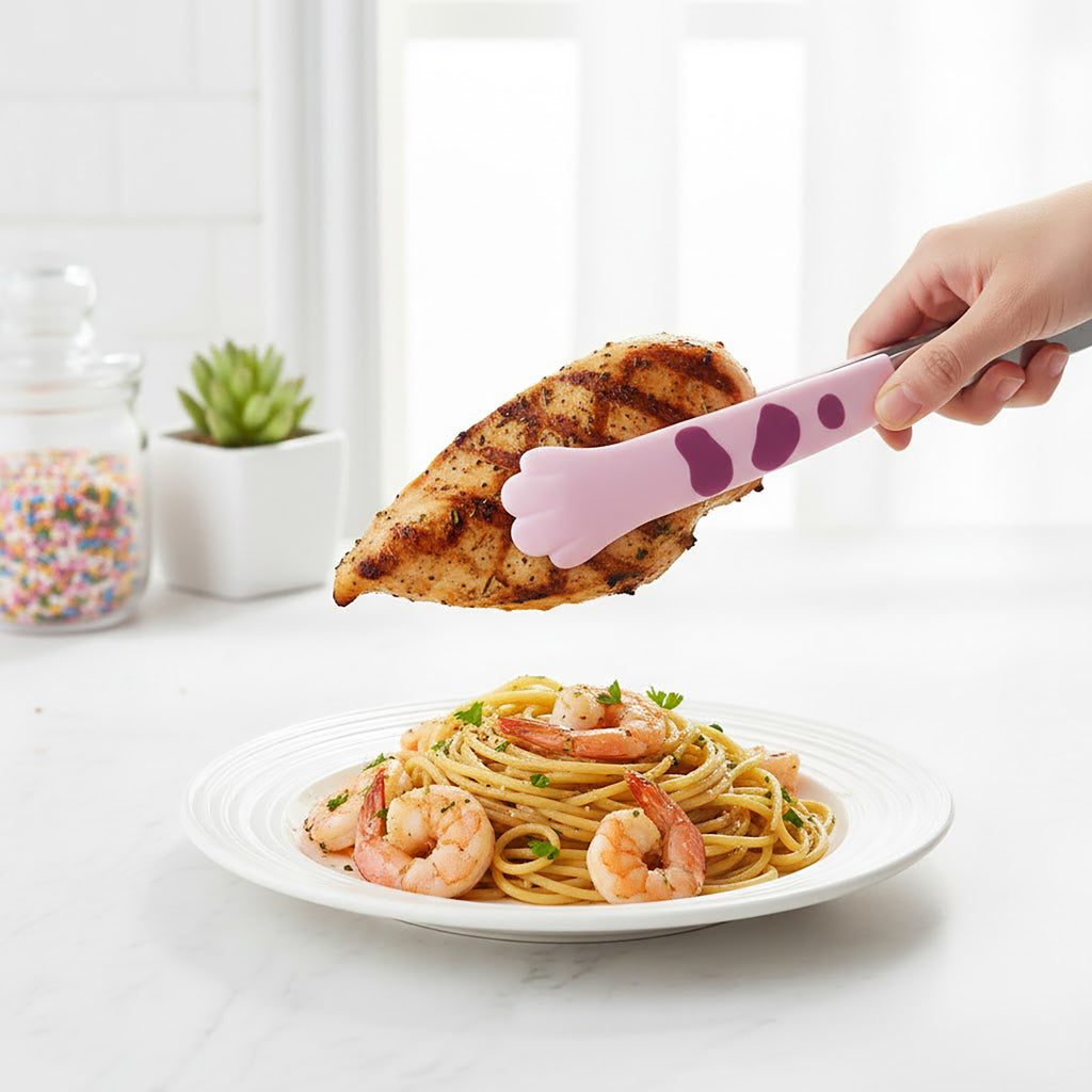 Anna-Kaci Stainless Steel Kitchen Tongs with Paw Handle Design Serving Utensil Set 2 Piece