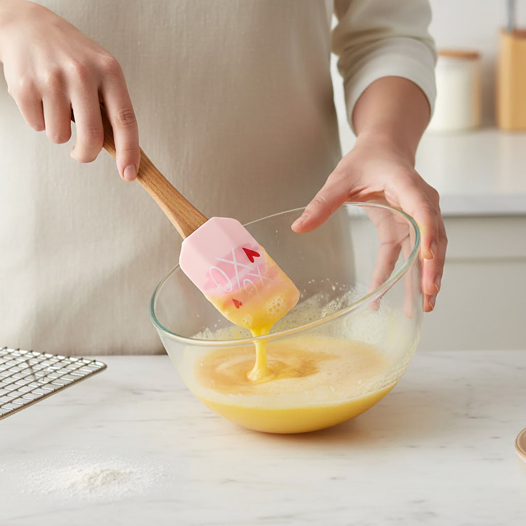 Anna-Kaci Silicone Spatula Set XO Heart Print Wooden Handle Heat Resistant Baking Mixing Kitchen Tools 3 Piece