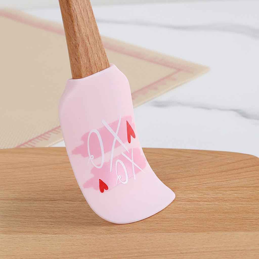 Anna-Kaci Silicone Spatula Set XO Heart Print Wooden Handle Heat Resistant Baking Mixing Kitchen Tools 3 Piece