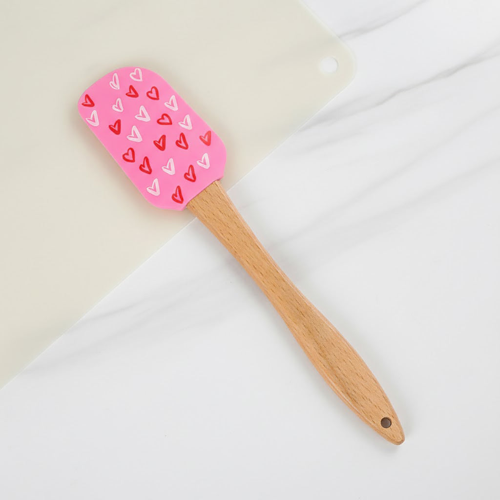 Anna-Kaci Silicone Spatula Set XO Heart Print Wooden Handle Heat Resistant Baking Mixing Kitchen Tools 3 Piece