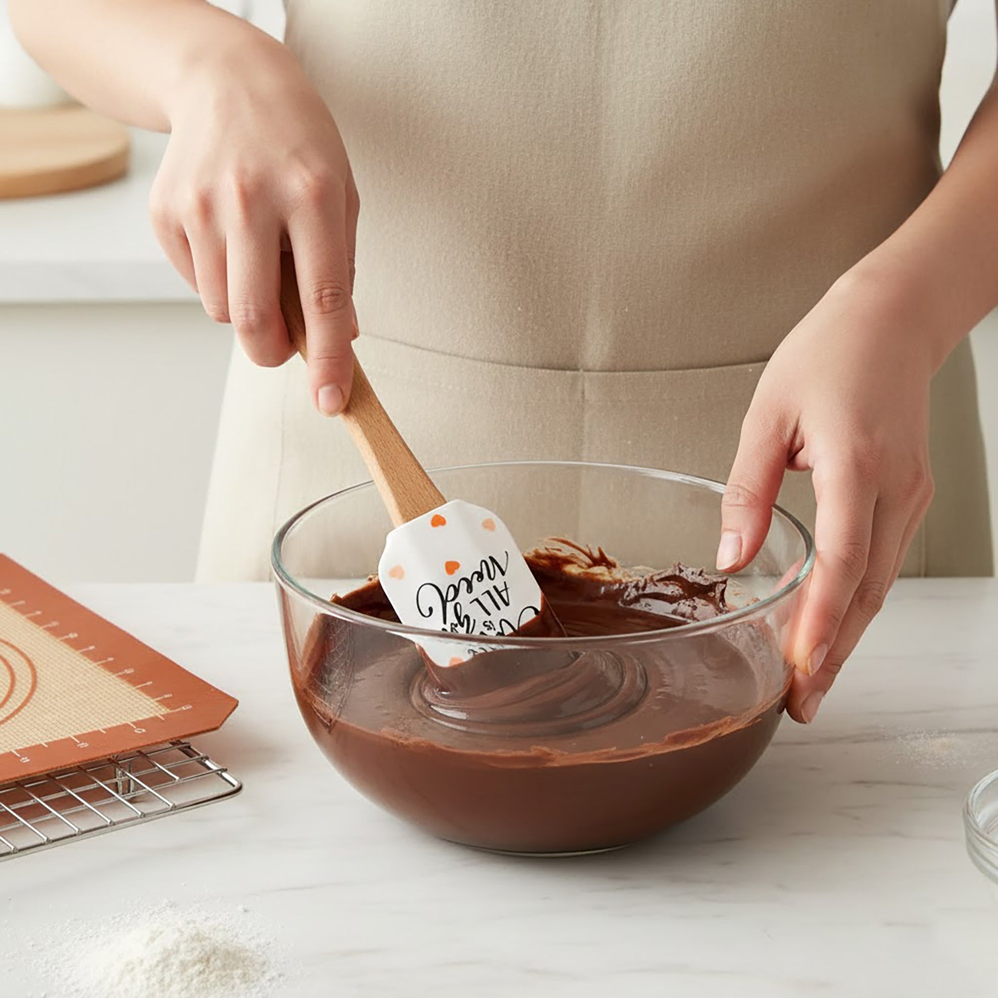 Anna-Kaci Silicone Spatula Set XO Heart Print Wooden Handle Heat Resistant Baking Mixing Kitchen Tools 3 Piece