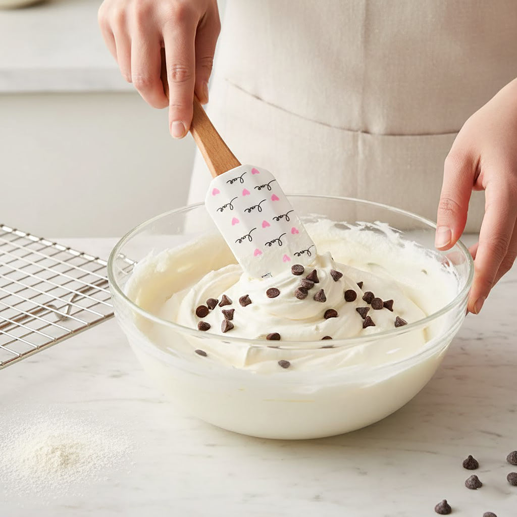 Anna-Kaci Silicone Spatula Set XO Heart Print Wooden Handle Heat Resistant Baking Mixing Kitchen Tools 3 Piece