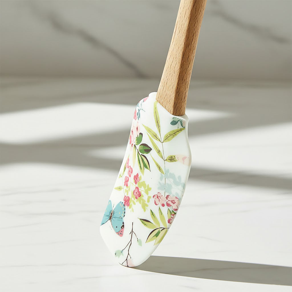 Anna-Kaci Silicone Spatula Set Butterfly Floral Print Wooden Handle Heat Resistant Baking Mixing Tools 2 Piece