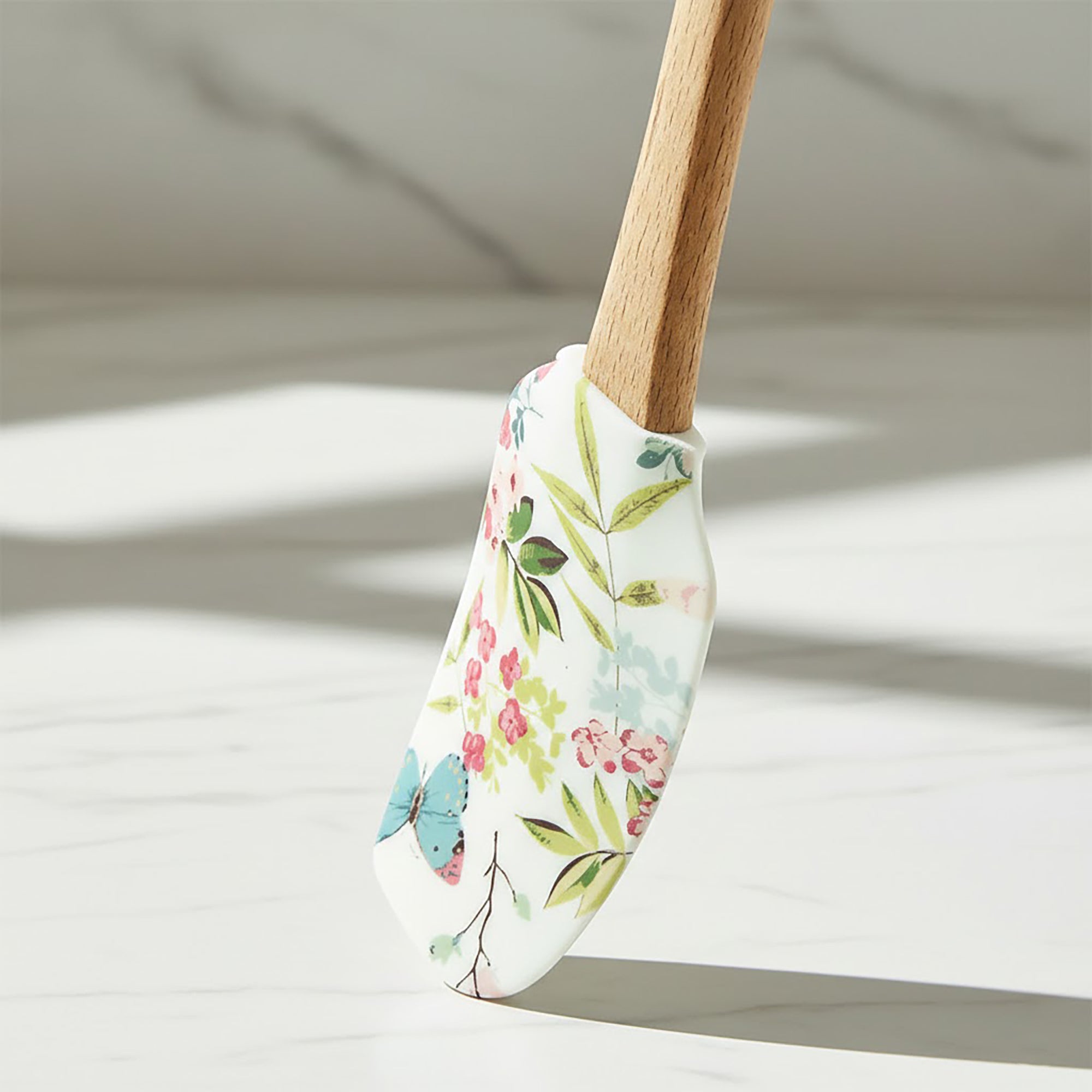 Anna-Kaci Silicone Spatula Set Butterfly Floral Print Wooden Handle Heat Resistant Baking Mixing Tools 2 Piece