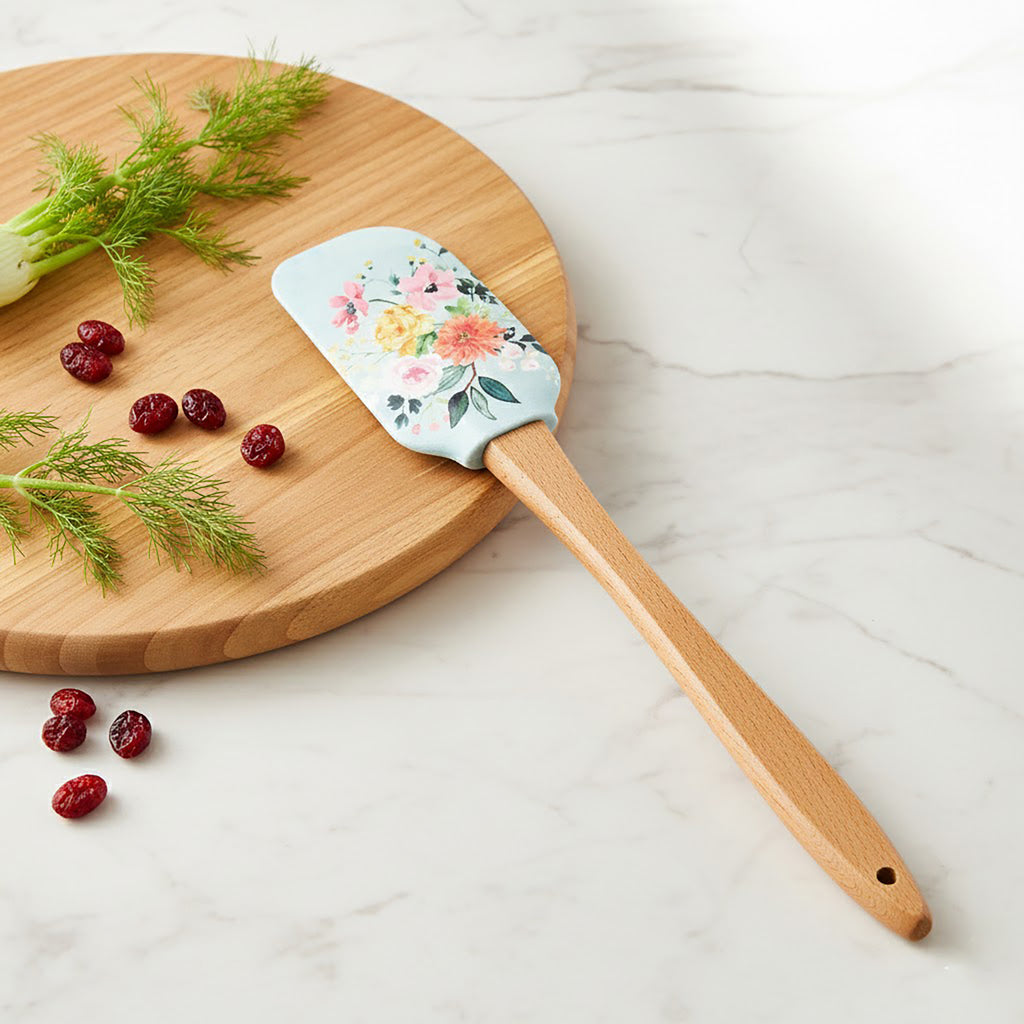 Anna-Kaci Silicone Spatula Set Butterfly Floral Print Wooden Handle Heat Resistant Baking Mixing Tools 2 Piece