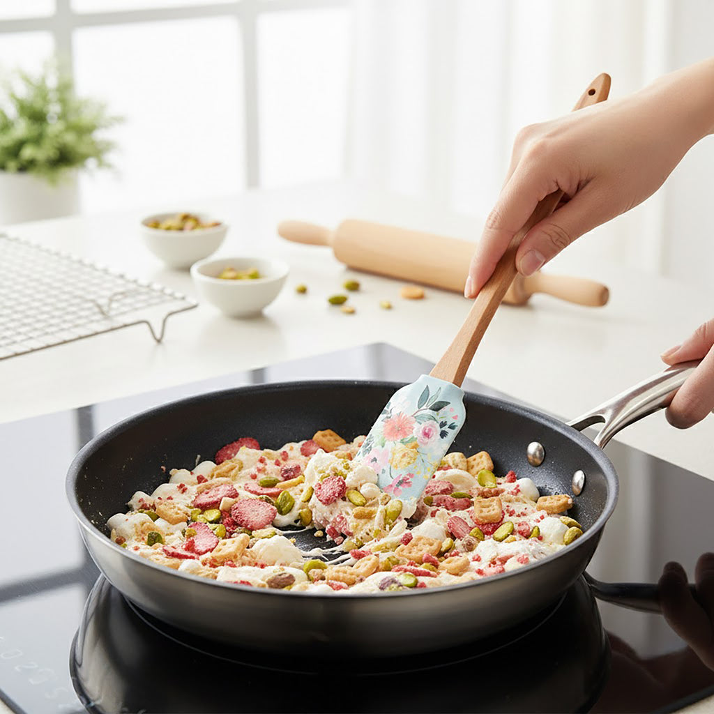 Anna-Kaci Silicone Spatula Set Butterfly Floral Print Wooden Handle Heat Resistant Baking Mixing Tools 2 Piece