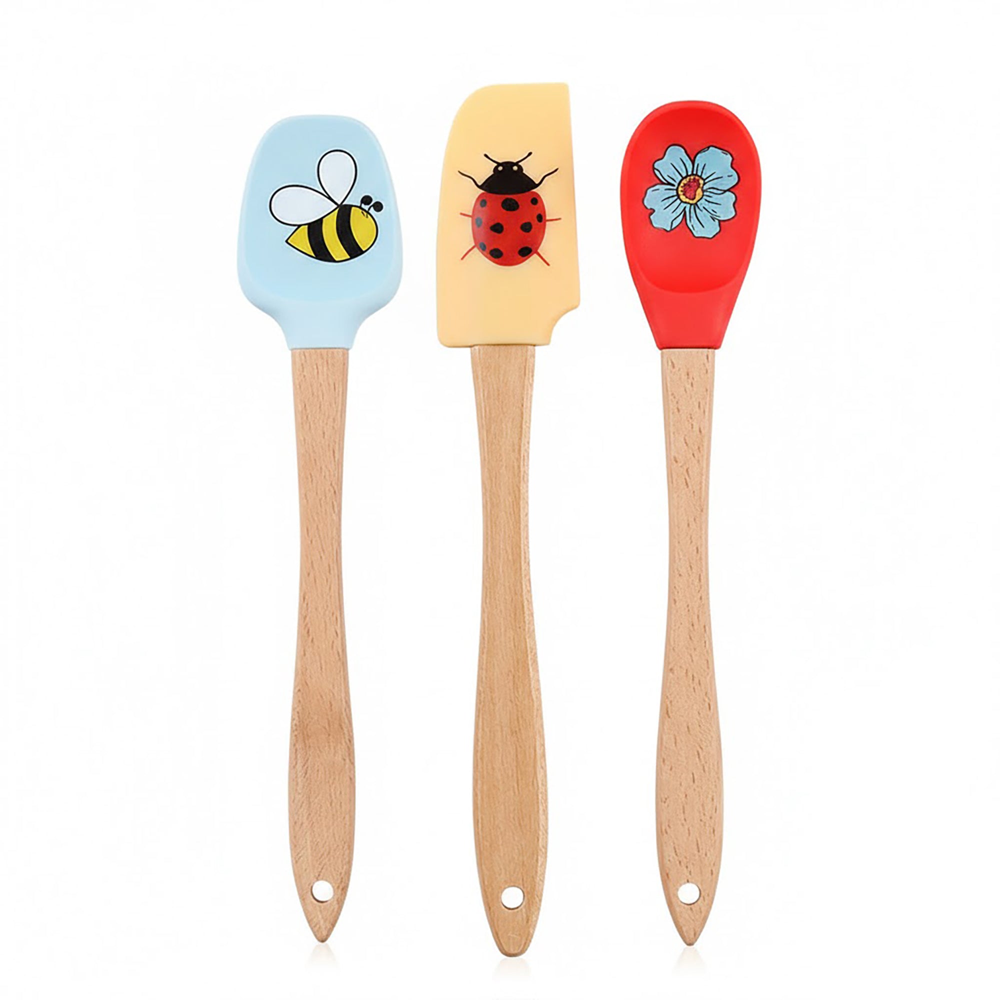 Anna-Kaci 3-PC Silicone Spatula Set Wooden Handle, Bee Ladybug Flower Print, Heat Resistant Baking Tools