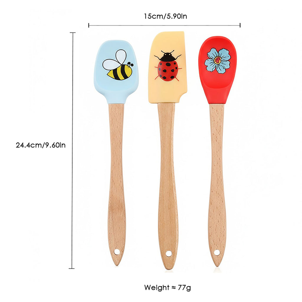 Anna-Kaci 3-PC Silicone Spatula Set Wooden Handle, Bee Ladybug Flower Print, Heat Resistant Baking Tools