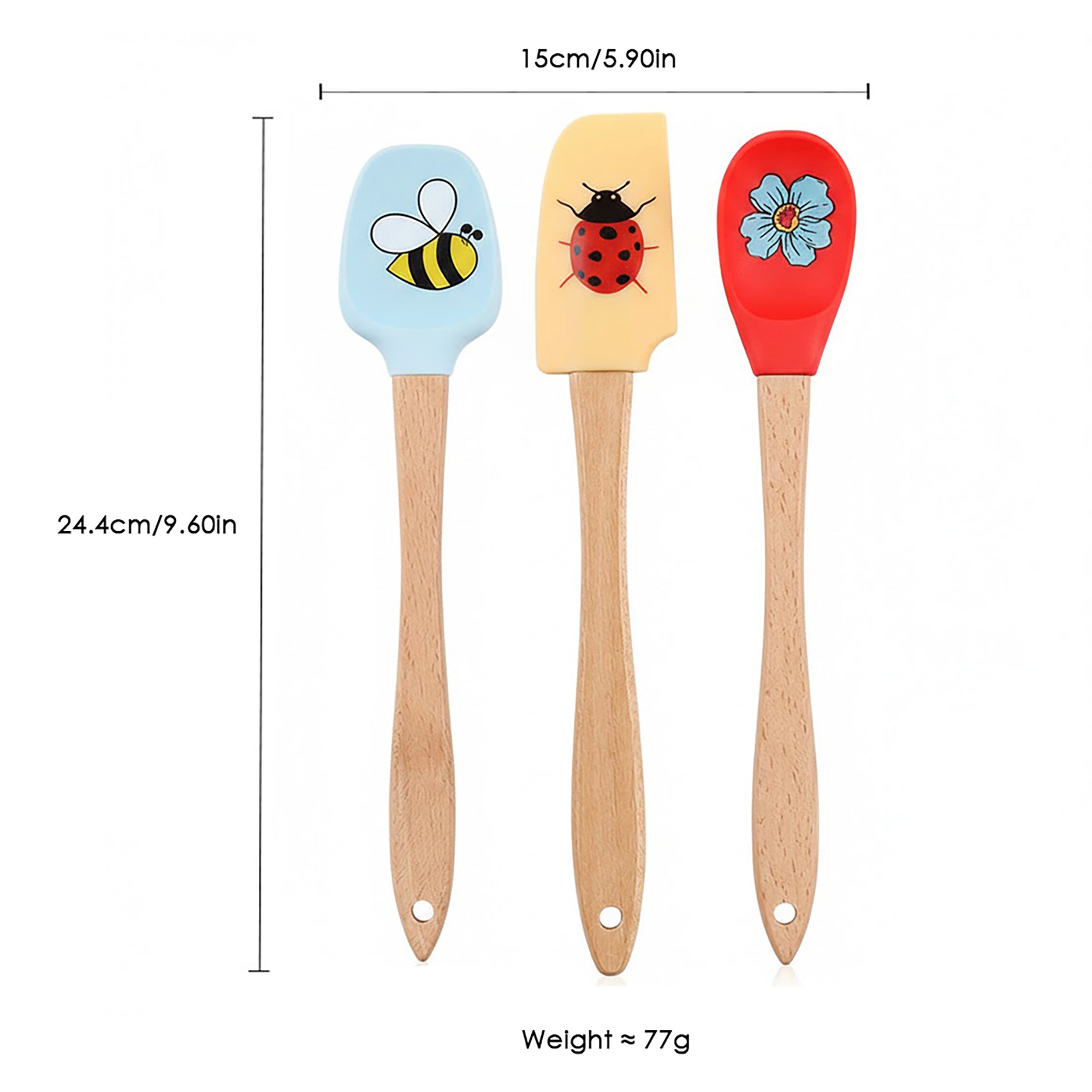 Anna-Kaci 3-PC Silicone Spatula Set Wooden Handle, Bee Ladybug Flower Print, Heat Resistant Baking Tools