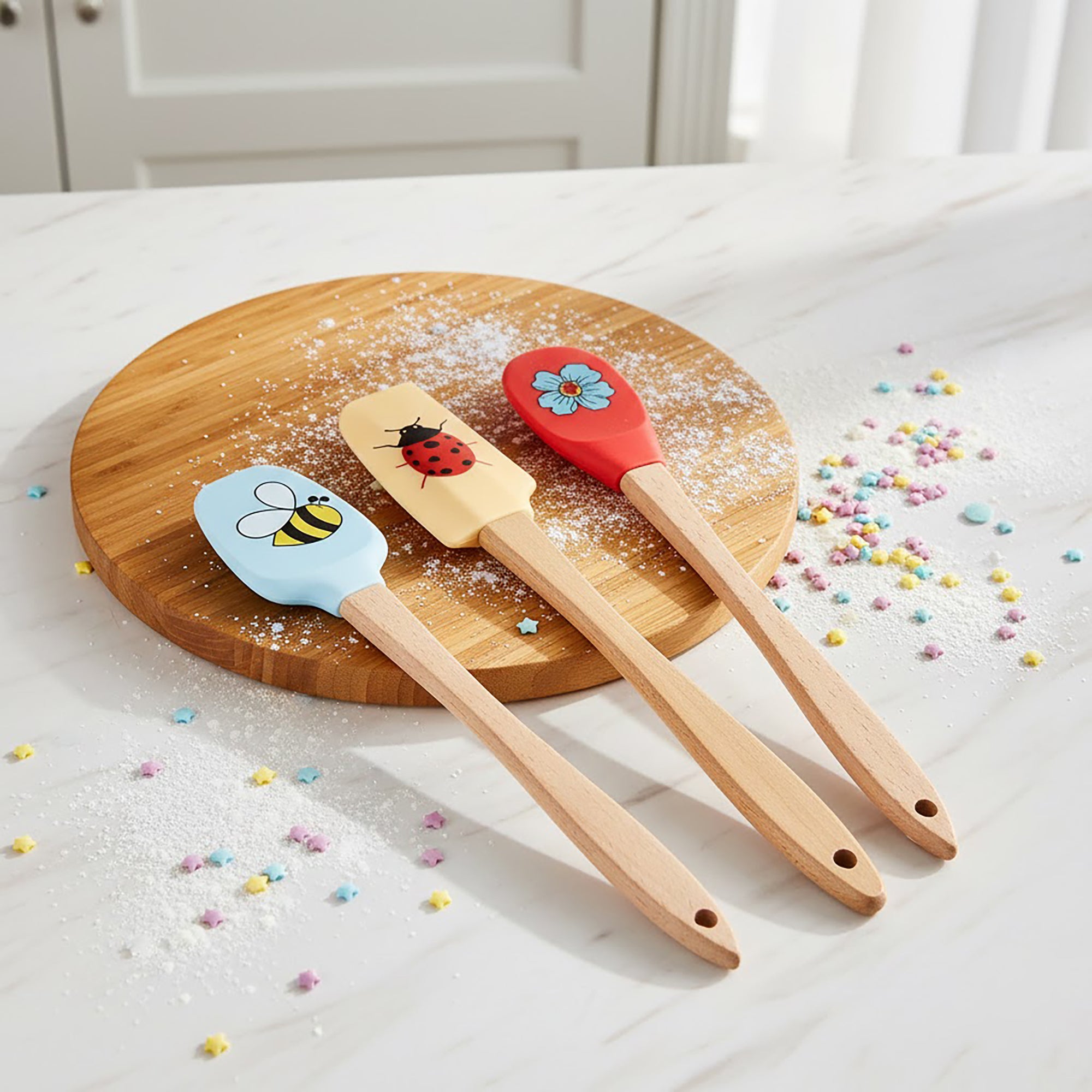 Anna-Kaci 3-PC Silicone Spatula Set Wooden Handle, Bee Ladybug Flower Print, Heat Resistant Baking Tools