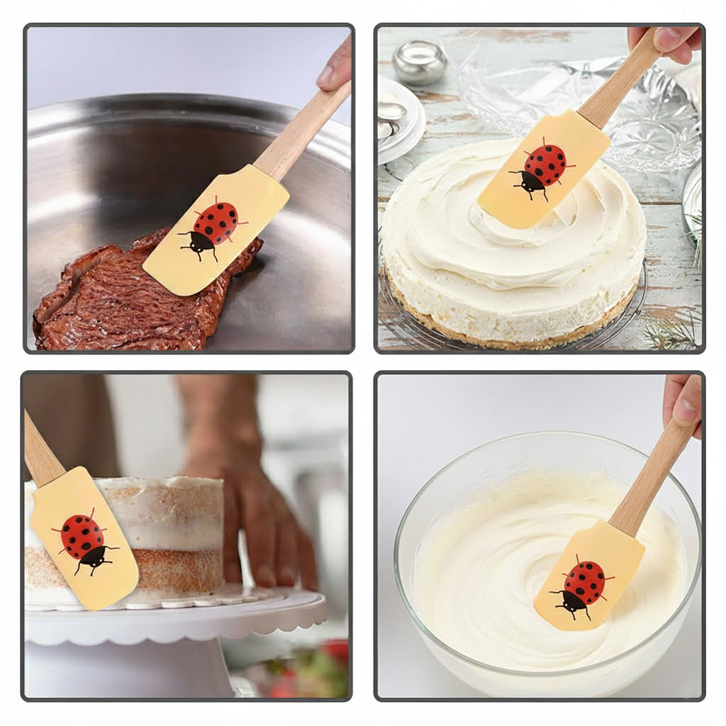 Anna-Kaci 3-PC Silicone Spatula Set Wooden Handle, Bee Ladybug Flower Print, Heat Resistant Baking Tools