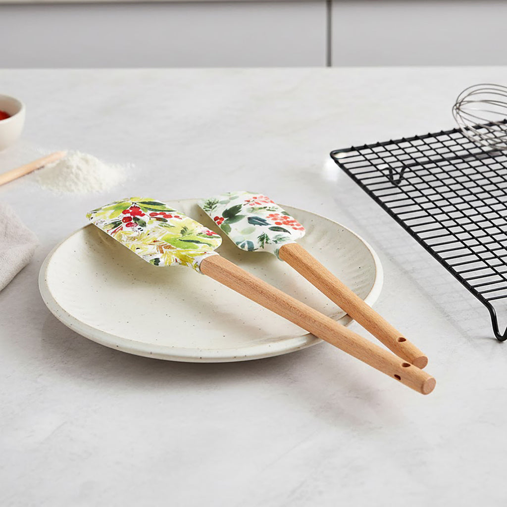 Anna-Kaci Silicone Spatula Set with Wooden Handles Bee Print Heat Resistant Kitchen Baking Tools 2 Piece