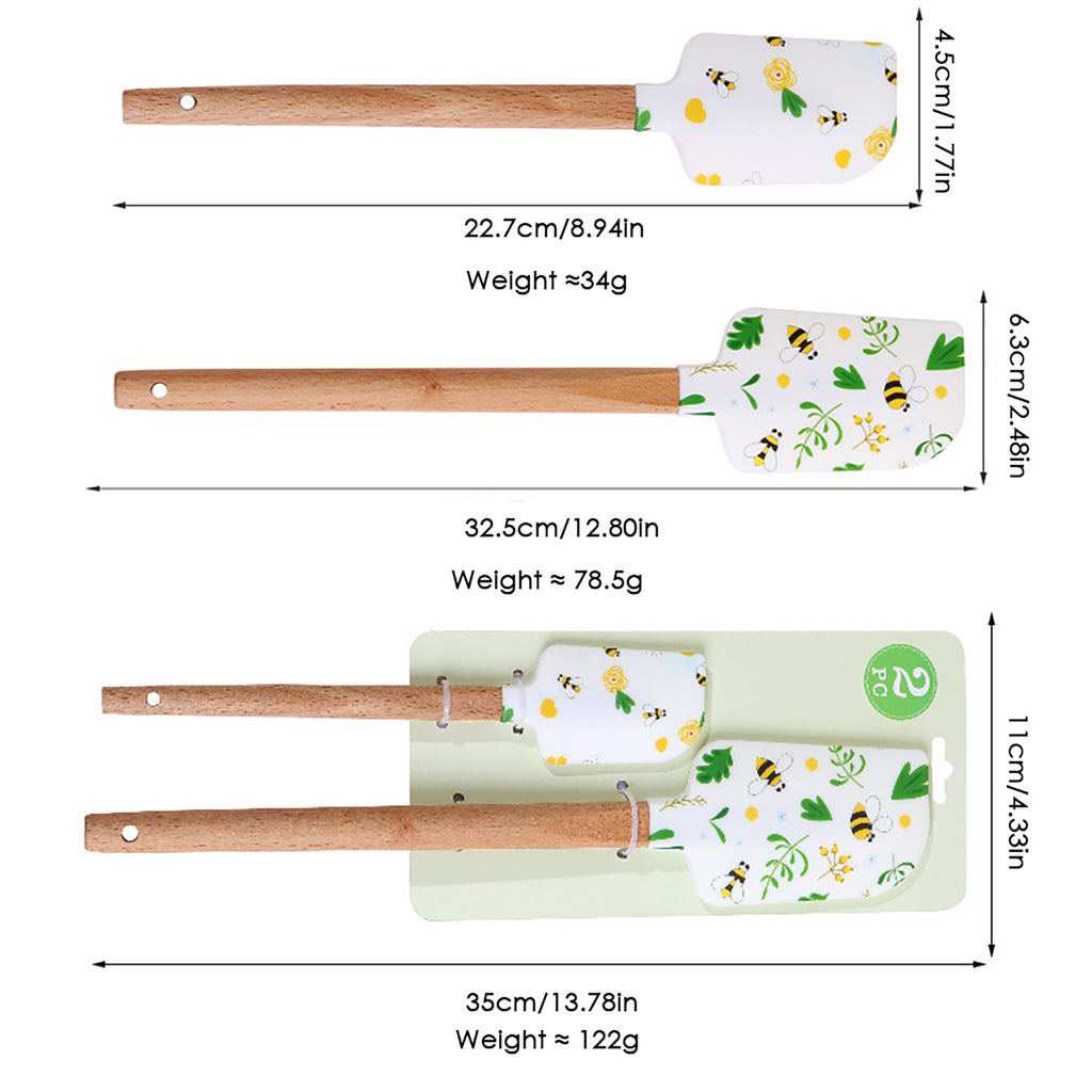 Anna-Kaci Silicone Spatula Set with Wooden Handles Bee Print Heat Resistant Kitchen Baking Tools 2 Piece
