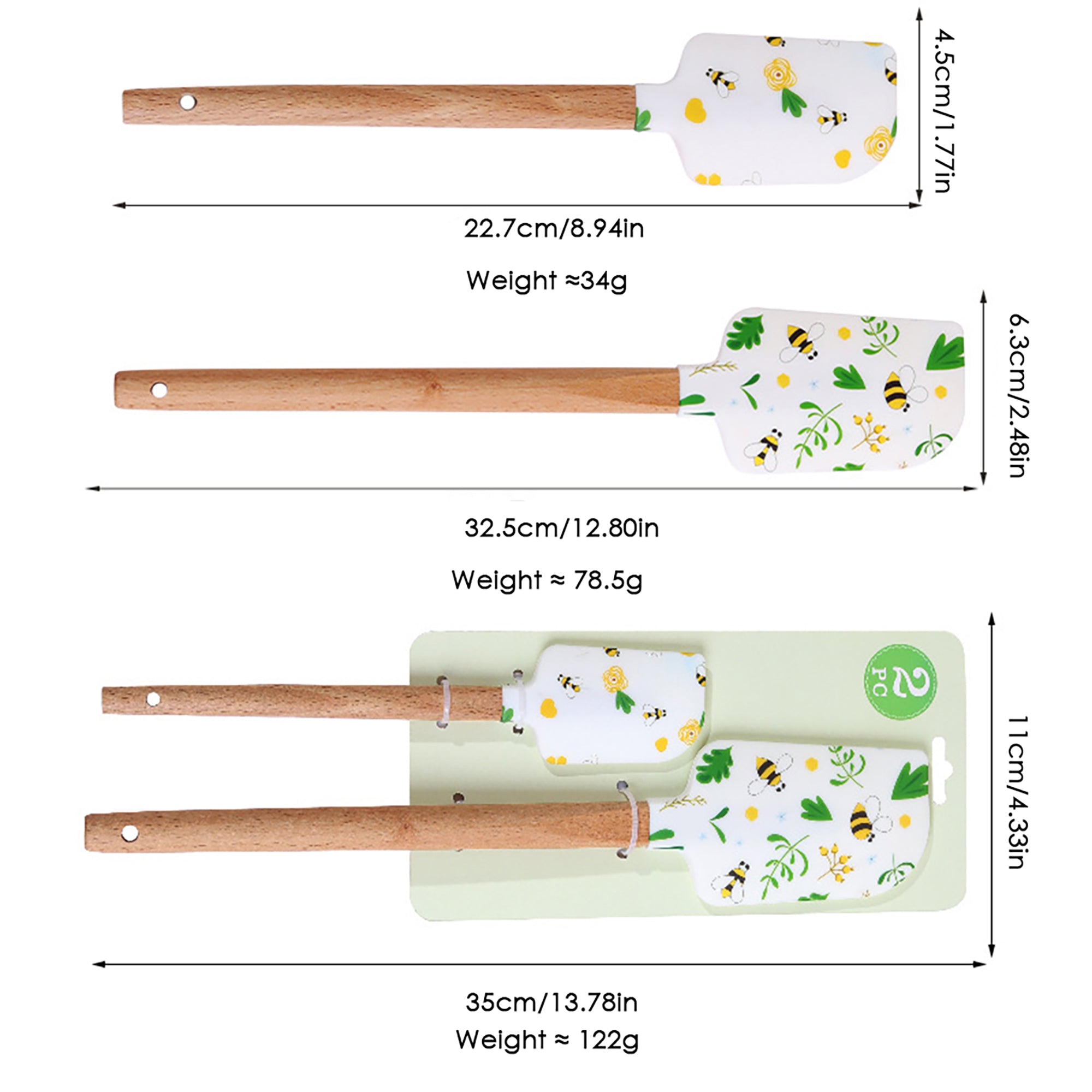 Anna-Kaci Silicone Spatula Set with Wooden Handles Bee Print Heat Resistant Kitchen Baking Tools 2 Piece