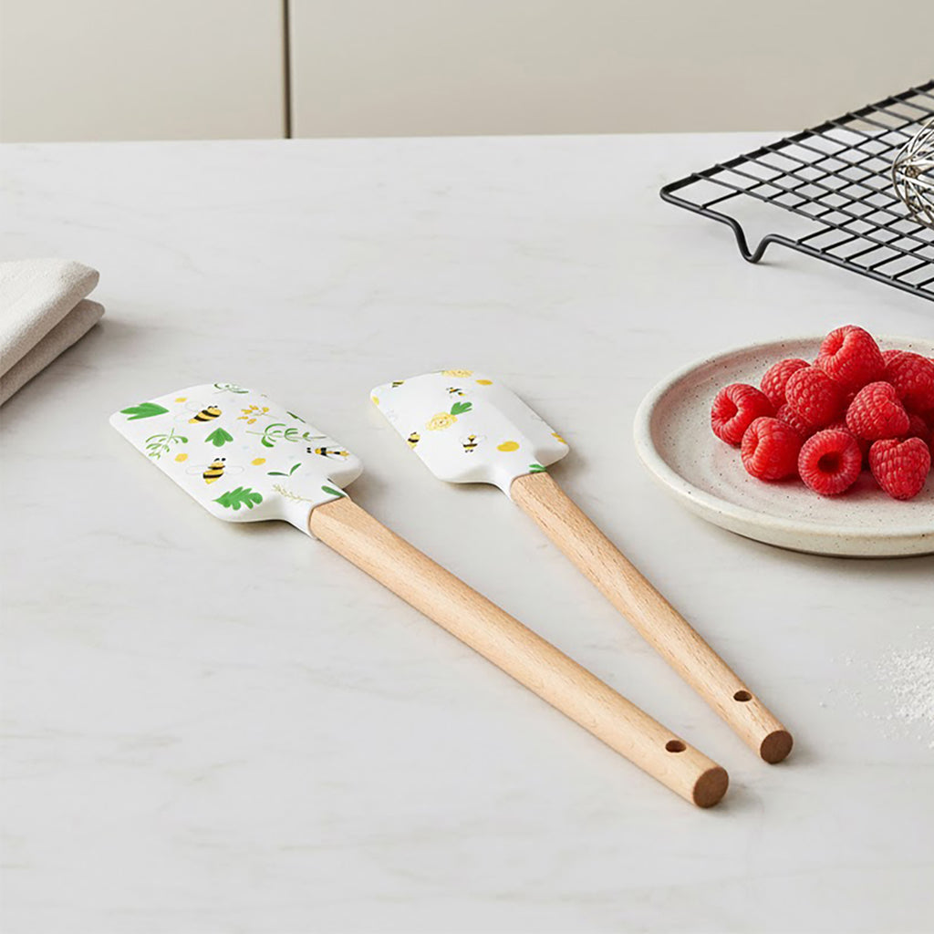Anna-Kaci Silicone Spatula Set with Wooden Handles Bee Print Heat Resistant Kitchen Baking Tools 2 Piece