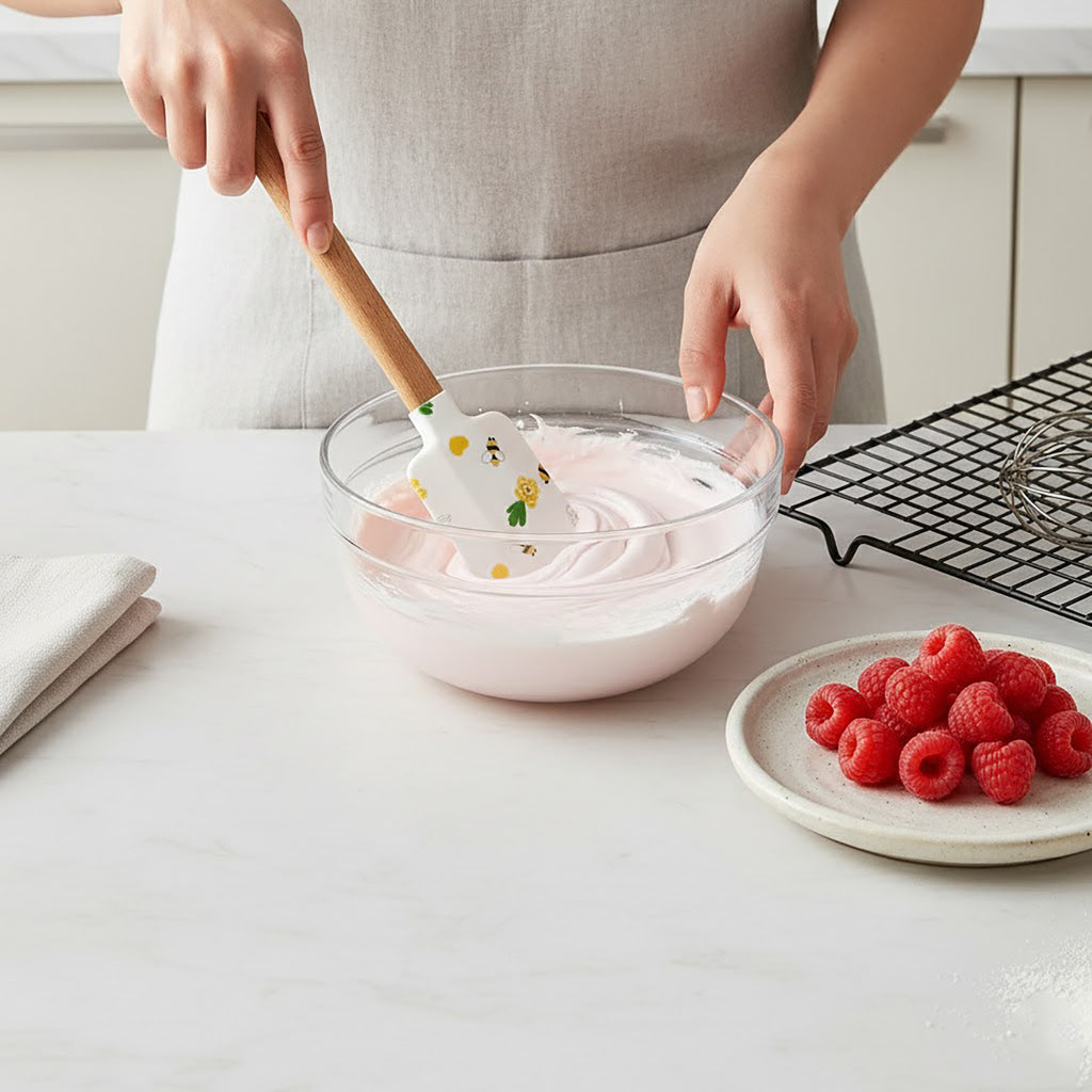 Anna-Kaci Silicone Spatula Set with Wooden Handles Bee Print Heat Resistant Kitchen Baking Tools 2 Piece