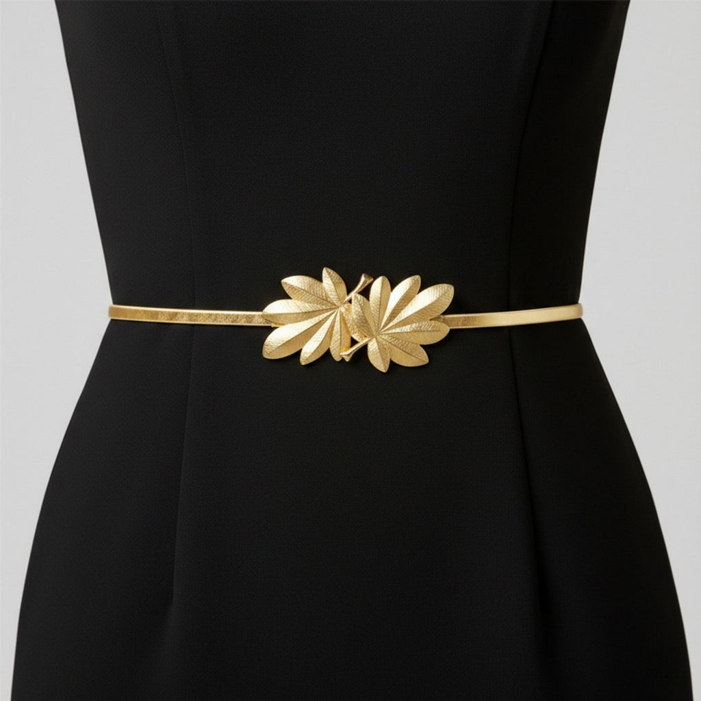 Anna-Kaci Women's Slim Metal Leaf Accent Waist Belt Decorative Fashion Belt