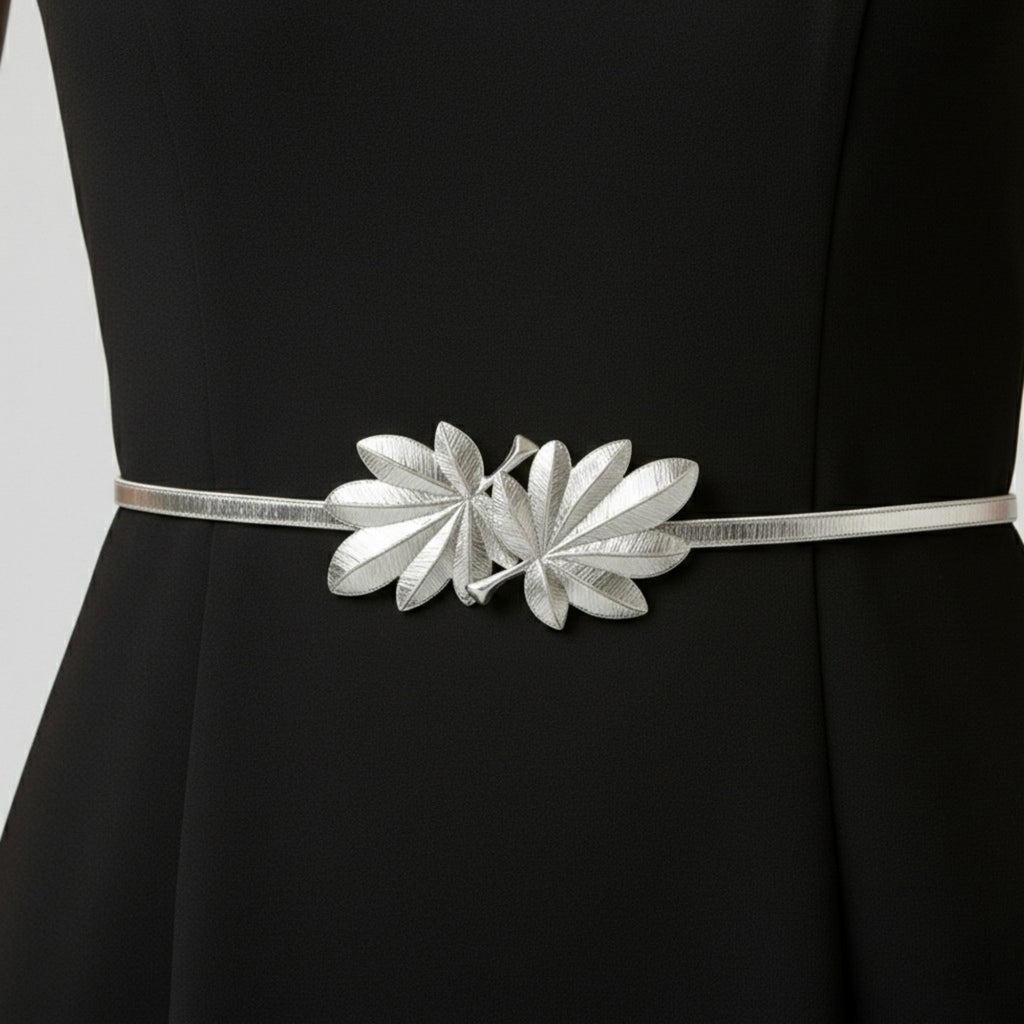 Anna-Kaci Women's Slim Metal Leaf Accent Waist Belt Decorative Fashion Belt