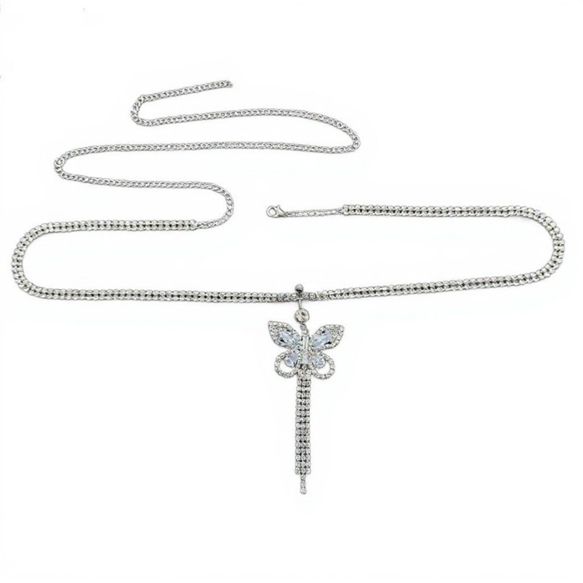 Anna-Kaci Women's Rhinestone Butterfly Charm Waist Belt with Drop Chain Decorative Fashion Accessory