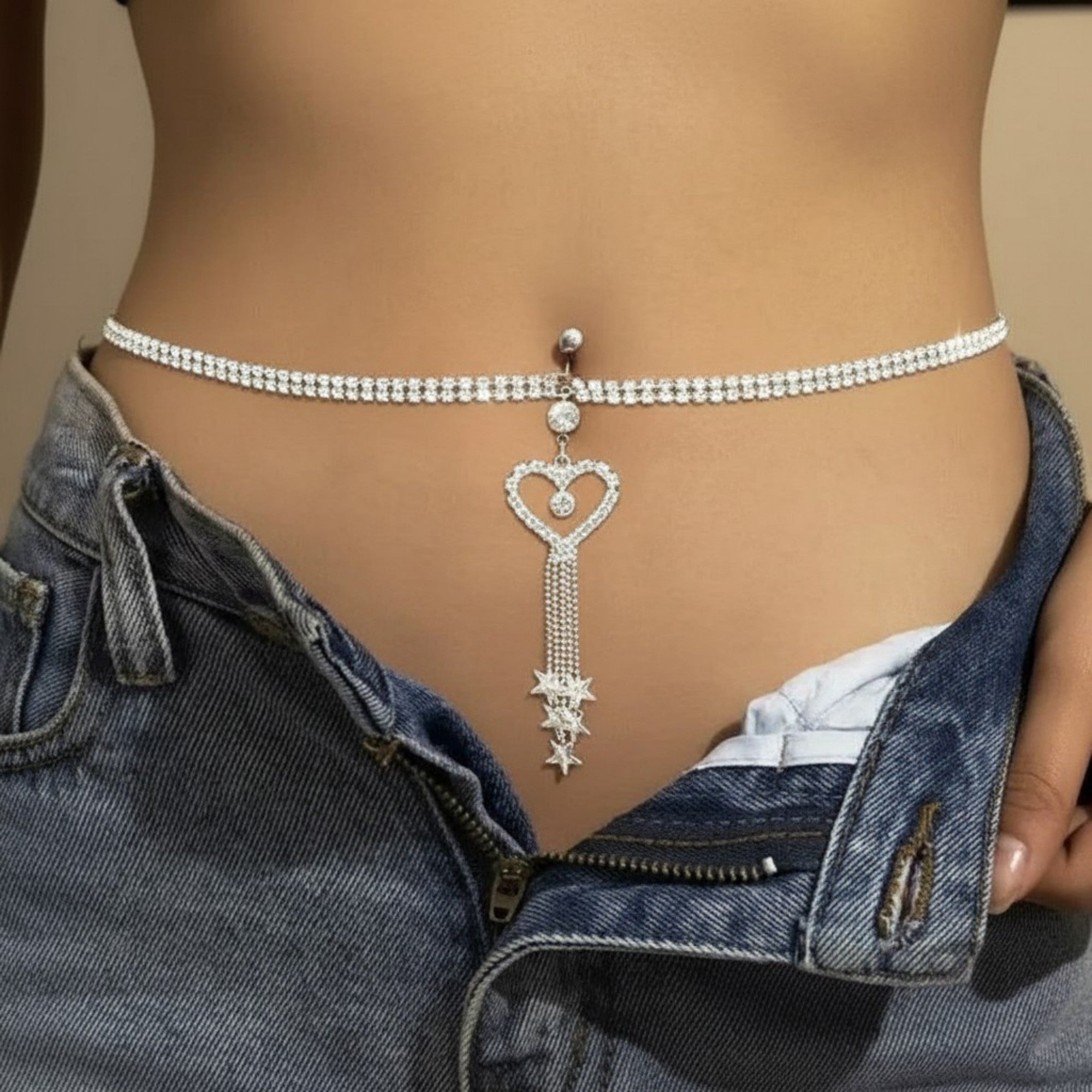 Anna-Kaci Women's Rhinestone Butterfly Charm Waist Belt with Drop Chain Decorative Fashion Accessory