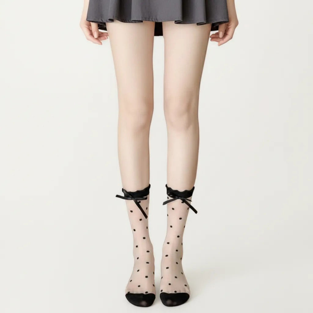 Anna-Kaci Women's Sheer Polka Dot Crew Socks 3 Piece Set with Bow Trim Lightweight Dress Socks