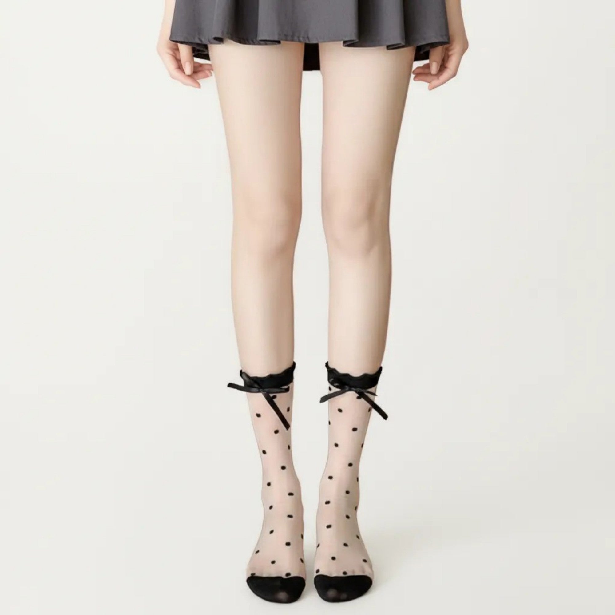 Anna-Kaci Women's Sheer Polka Dot Crew Socks 3 Piece Set with Bow Trim Lightweight Dress Socks