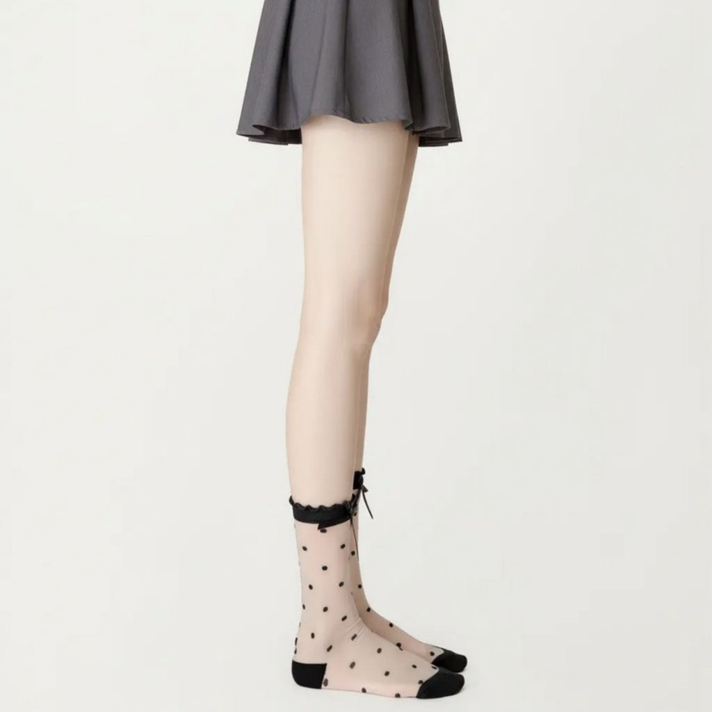 Anna-Kaci Women's Sheer Polka Dot Crew Socks 3 Piece Set with Bow Trim Lightweight Dress Socks