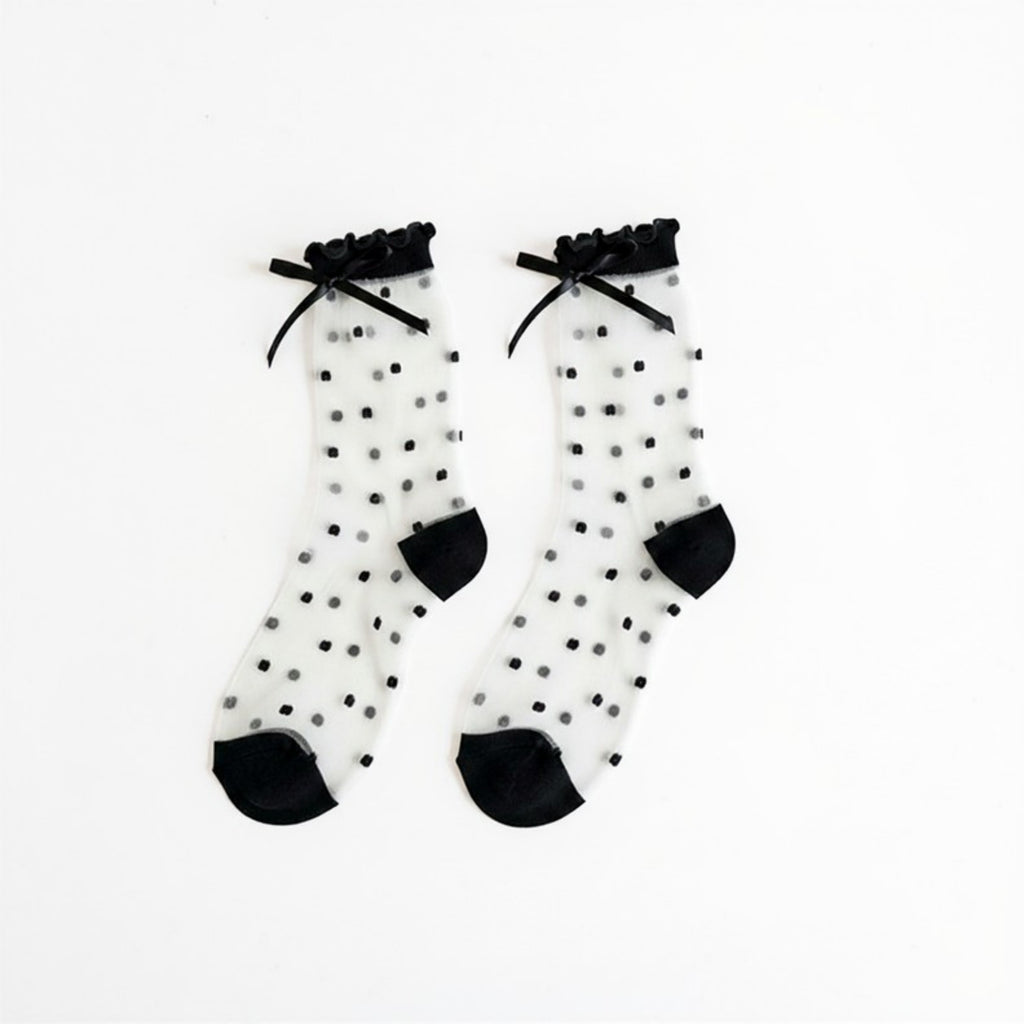 Anna-Kaci Women's Sheer Polka Dot Crew Socks 3 Piece Set with Bow Trim Lightweight Dress Socks