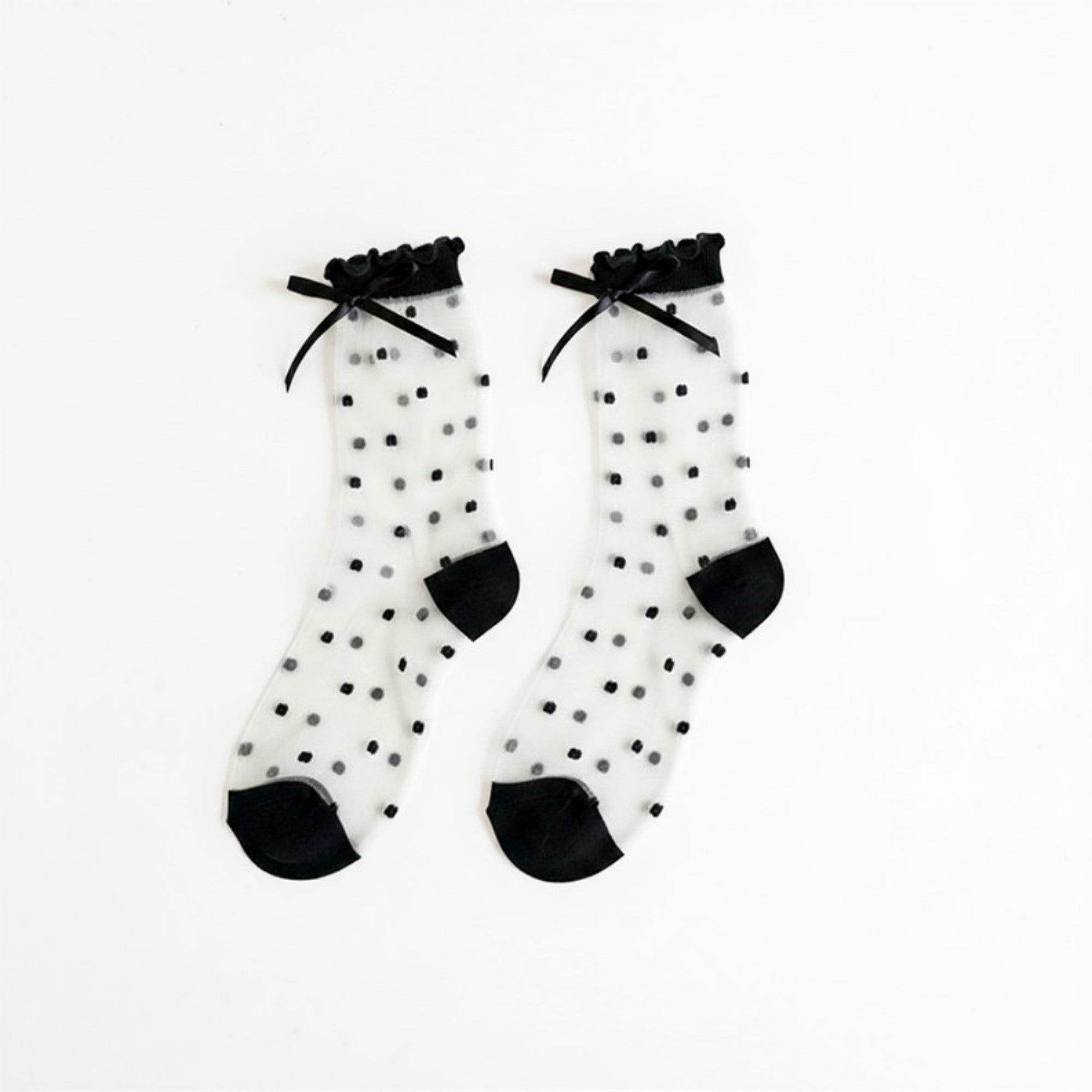 Anna-Kaci Women's Sheer Polka Dot Crew Socks 3 Piece Set with Bow Trim Lightweight Dress Socks