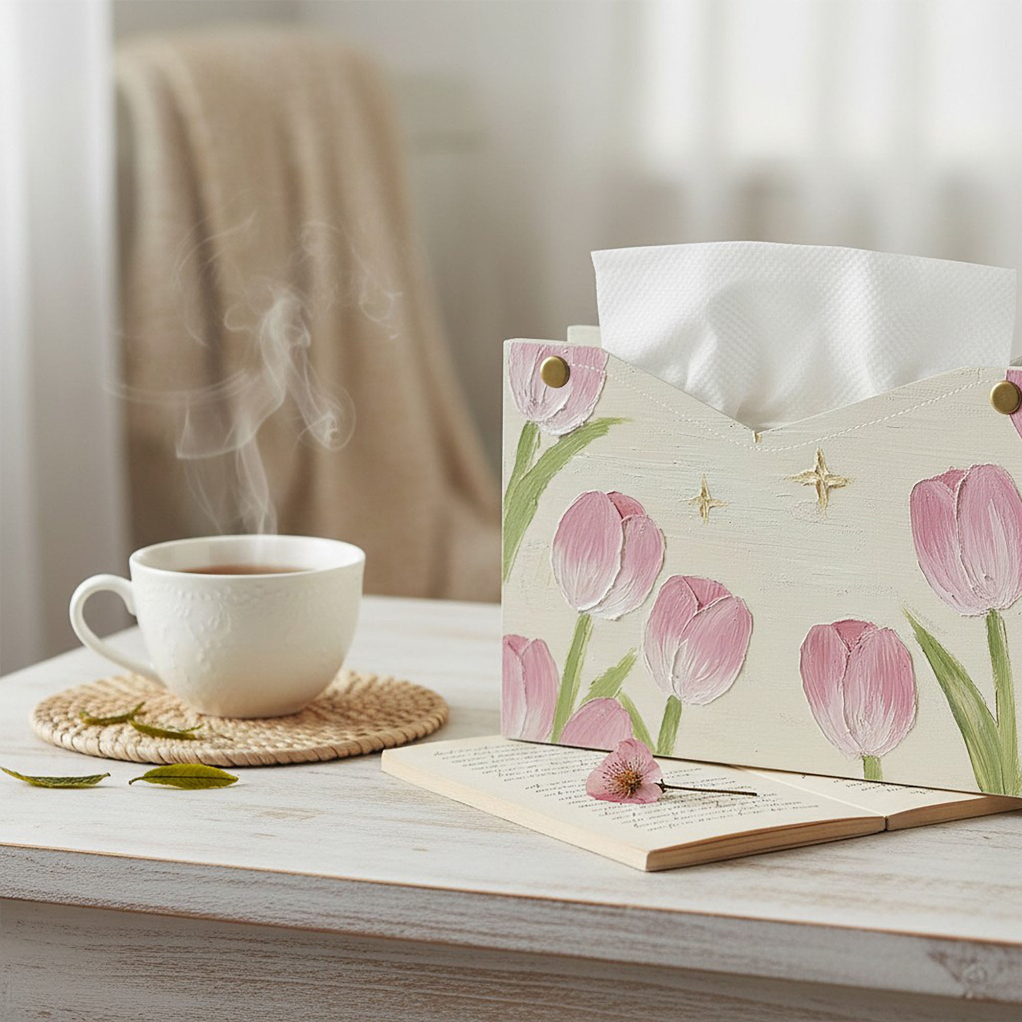 Anna-Kaci 3-Piece Floral Decorative Tissue Box Cover with Painted Tulip Design
