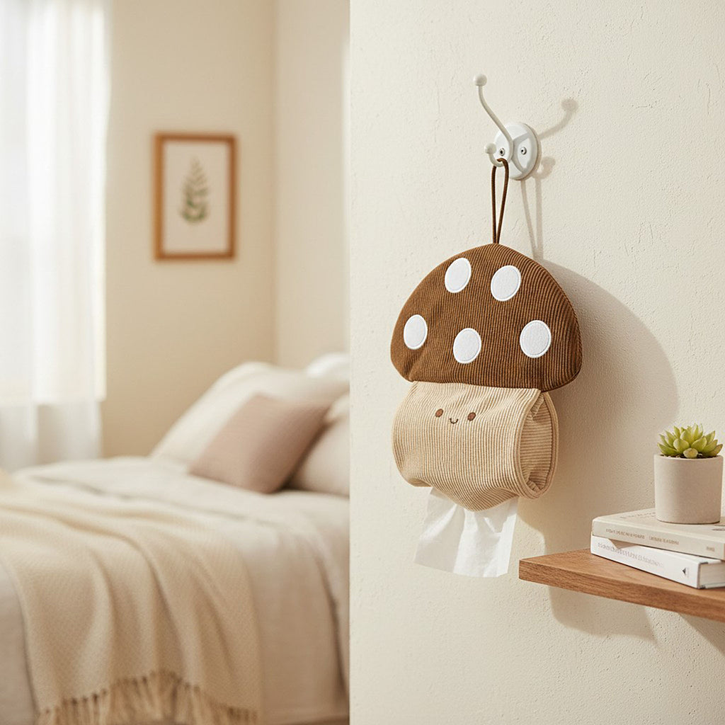 Anna-Kaci Mushroom Hanging Tissue Holder with Soft Textured Fabric Design