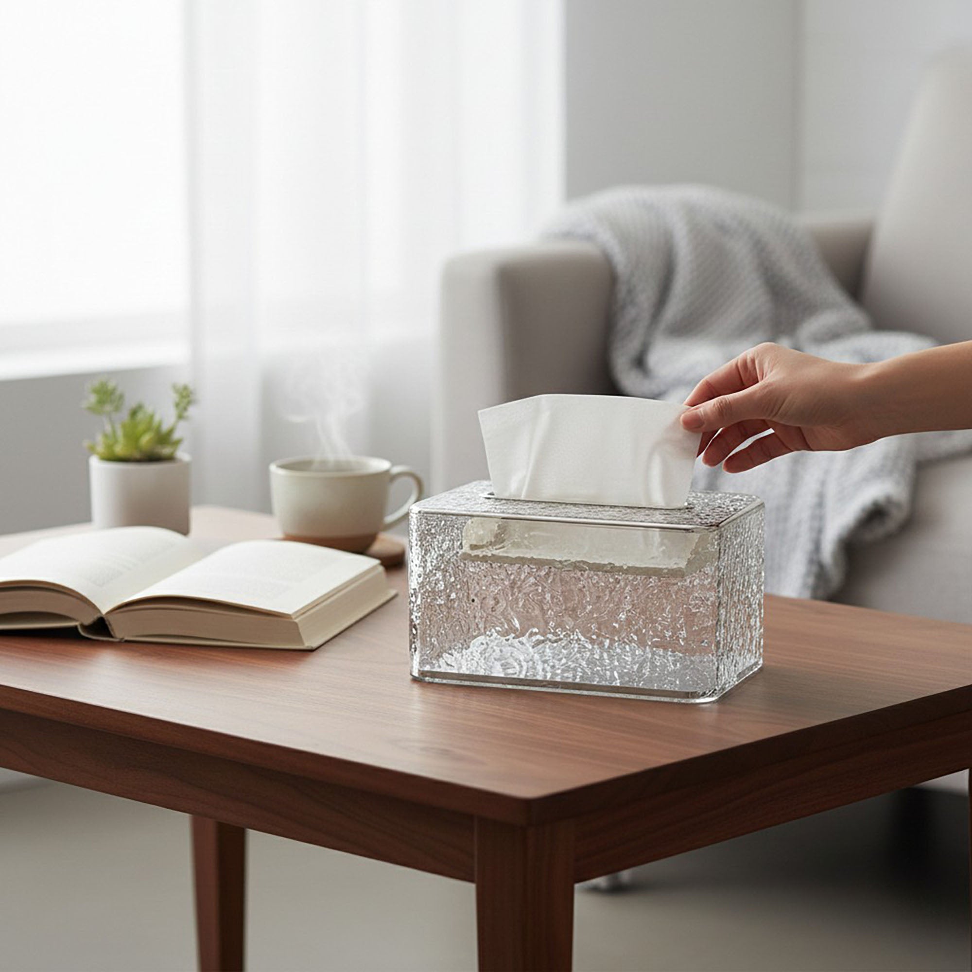 Anna-Kaci Textured Clear Acrylic Tissue Box Cover with Modern Rectangular Design