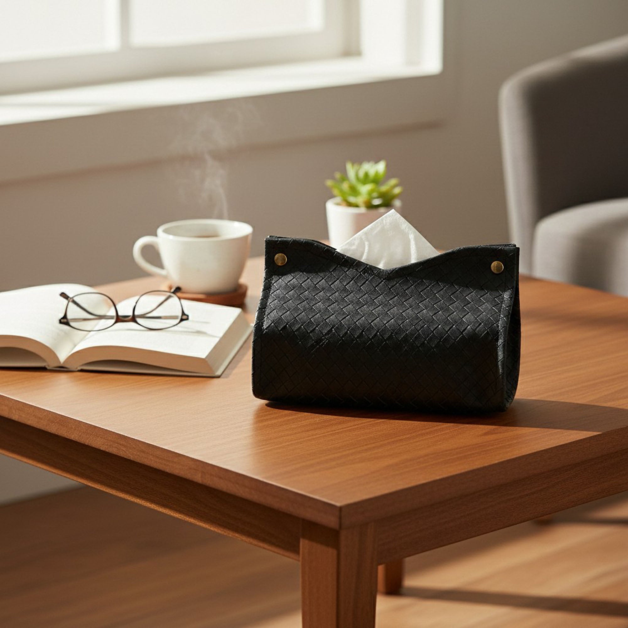 Anna-Kaci 3-piece Woven Texture Faux Leather Tissue Holder with Snap Closure Design