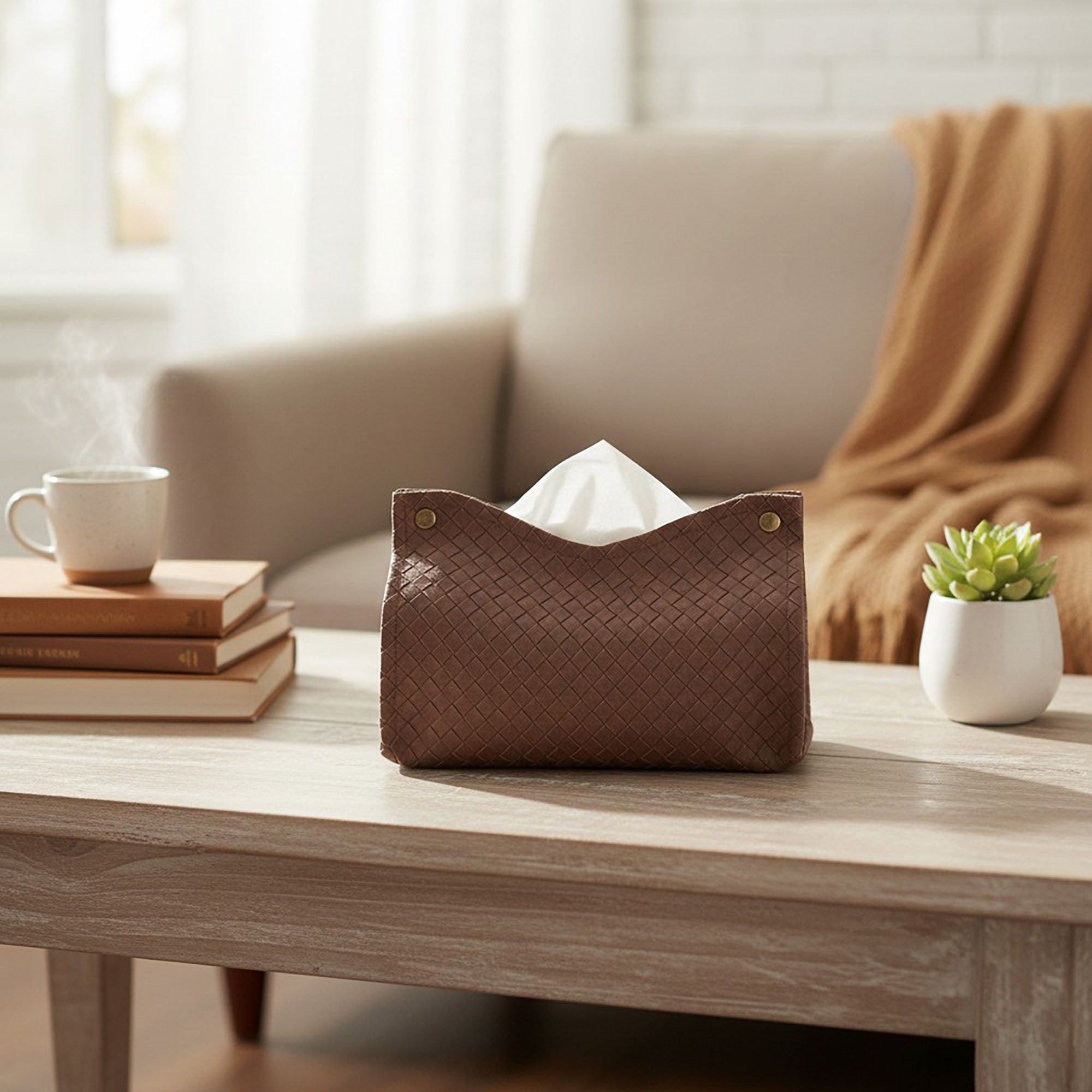 Anna-Kaci 3-piece Woven Texture Faux Leather Tissue Holder with Snap Closure Design